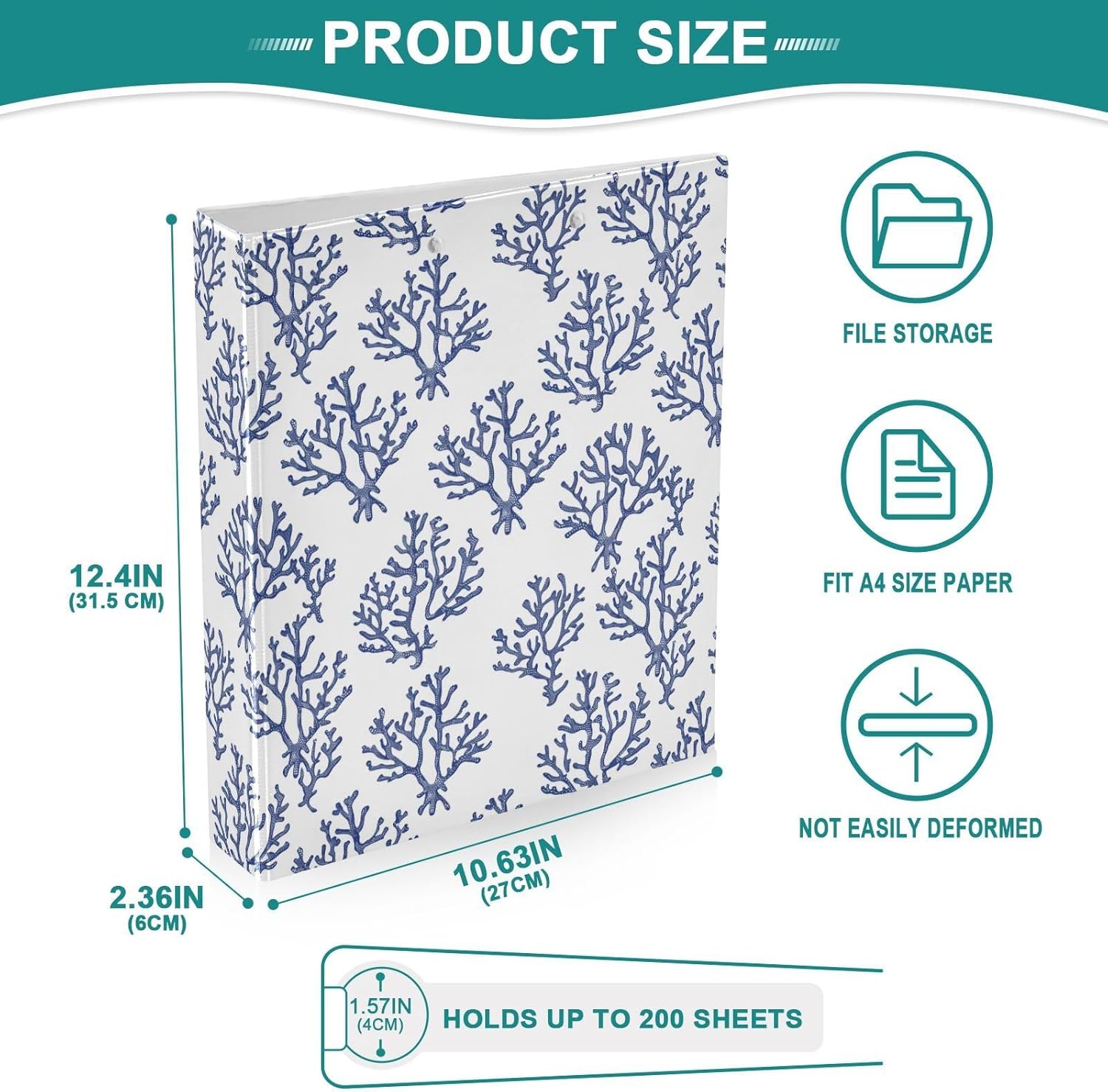 Coral Navy Blue and White 3 Ring Binder 1.5" Decorative D-Ring Binder with Clipboard&3 Clear Pockets, Holds 200 Sheets A4 Size Paper Waterproof Binders for School Home Office|2 Pack