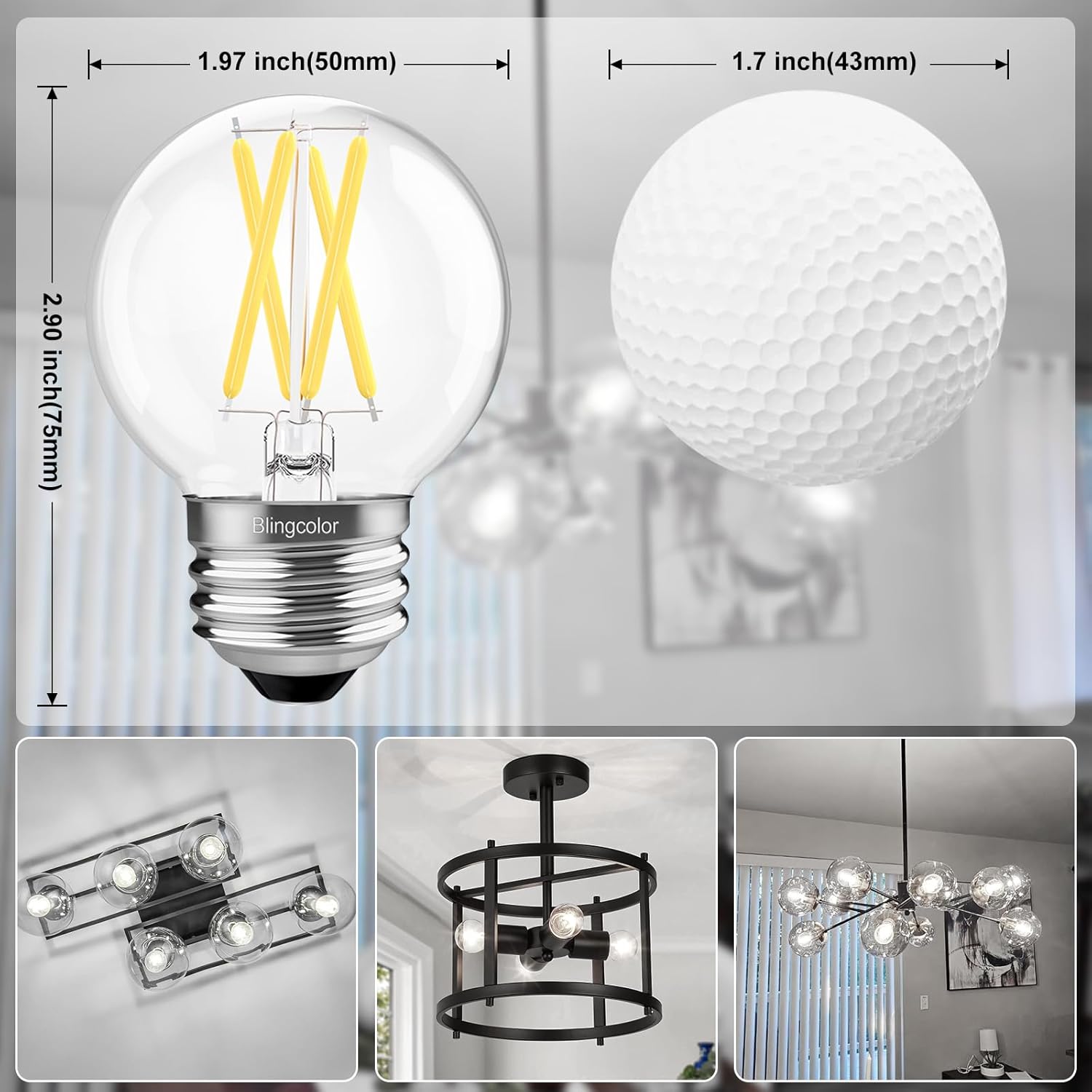 6 PACK Dimmable G16.5 LED Light Bulbs 60 watt, E26 LED Bulbs 60 Watt Daylight 5000K, 6W E26 Globe LED Edison Small Light bulb for Ceiling Fan lights, Chandelier, Vanity Lights, CRI80+, AC120V, 600lm