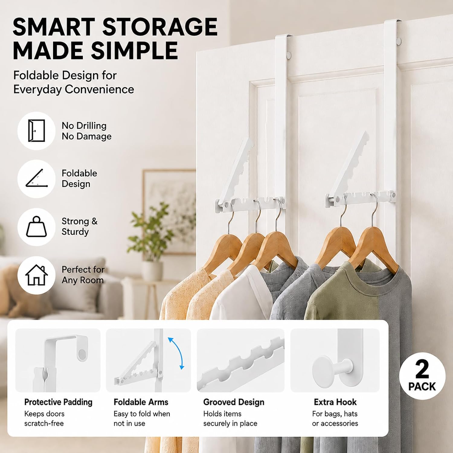 Over Door Storage Kit - Foldable Laundry Rack - Stainless Steel Hook - Hook image 4