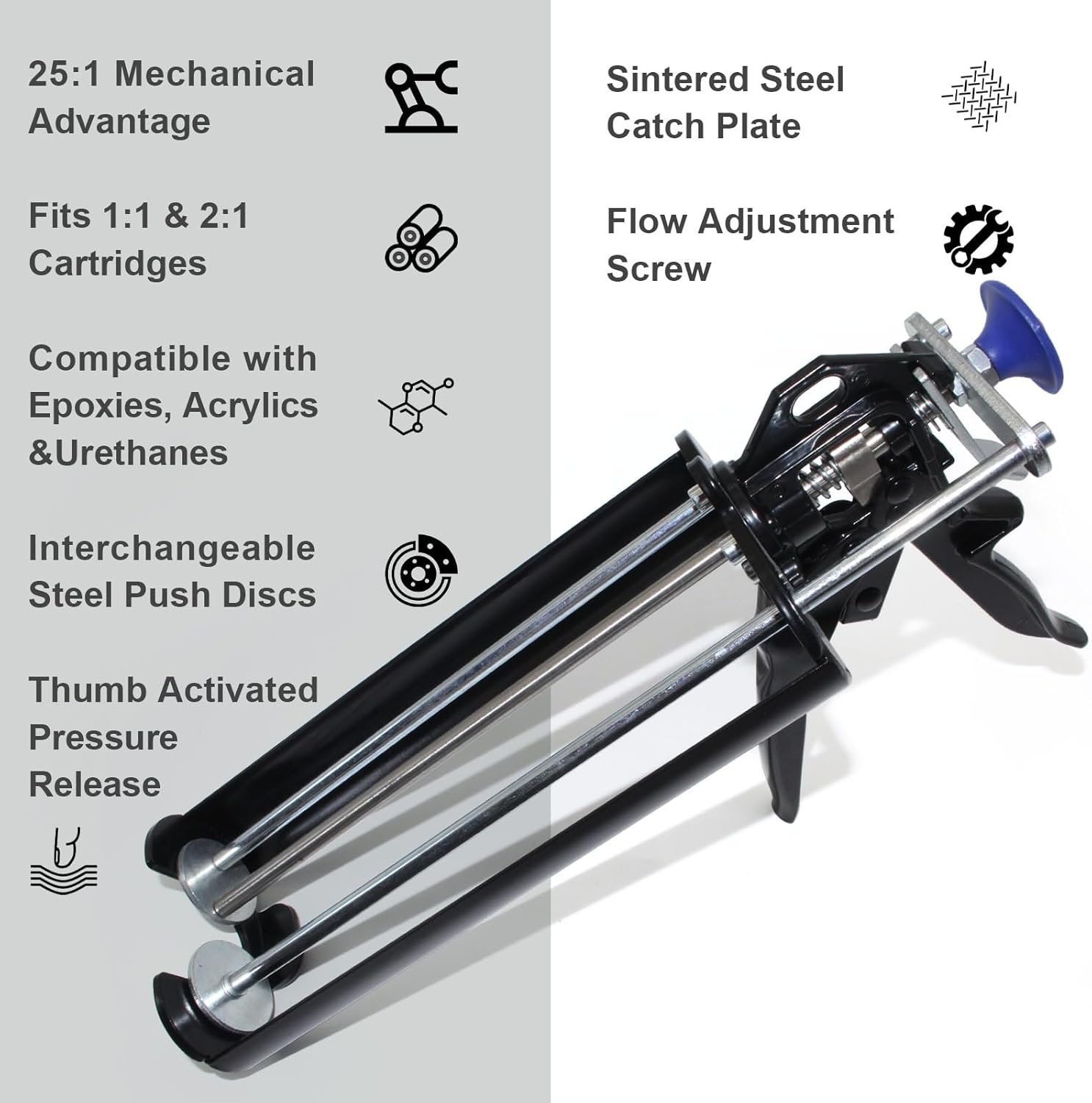 Dual Cartridge Epoxy Gun 600 mL / 22 oz, 28:1 Thrust Ratio, Accepts 1:1 and 2:1 Dual Component Mix Cartridges (Epoxy, Acrylic, Urethane) Professional 2 Part Epoxy Gun
