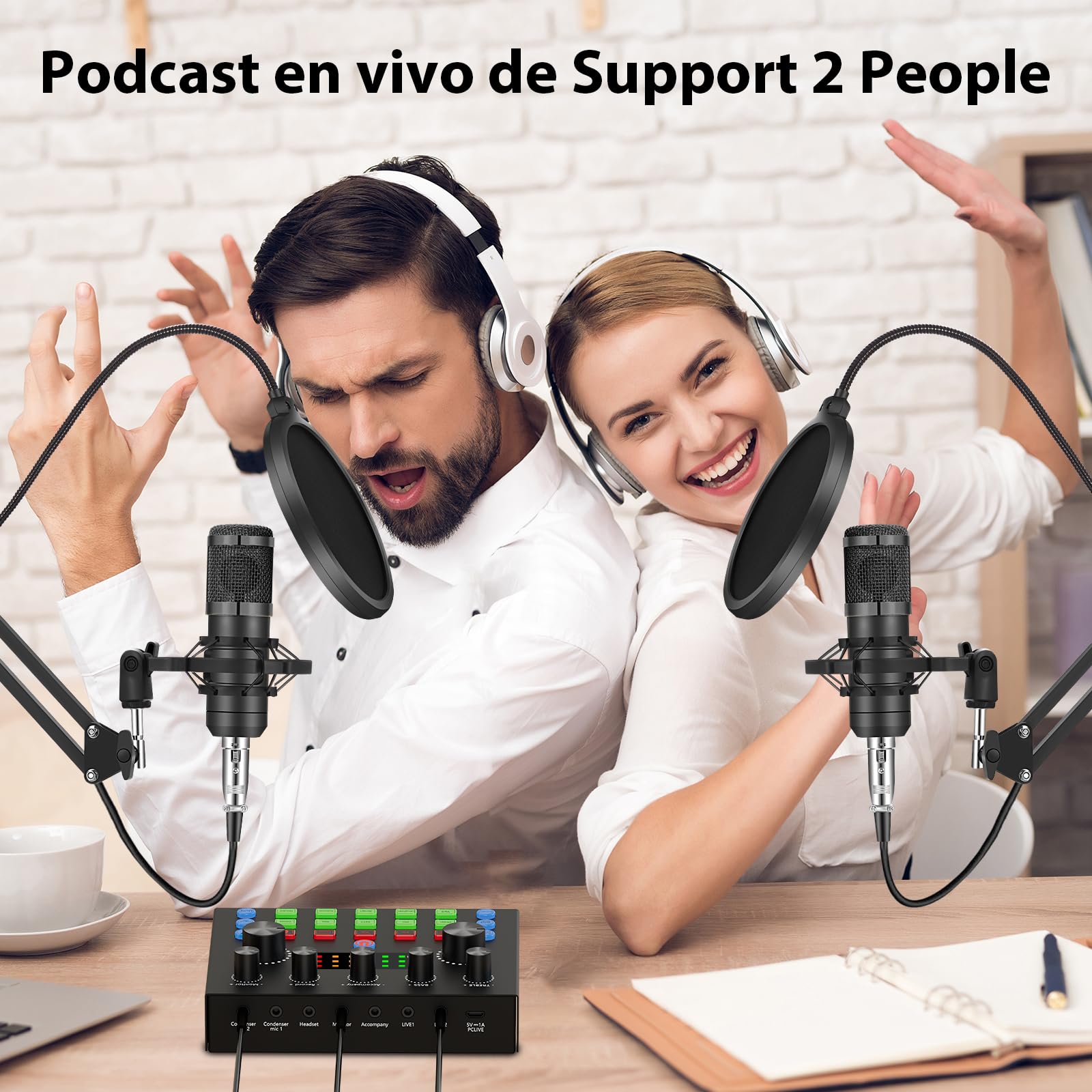 Brvomussy Paquete de Equipo de Podcast para 2, Cambiador de Voz y micrófono de Condensador - Set de micrófonos de Podcast para Gamers, podcasting, grabación, Canto y Streaming.