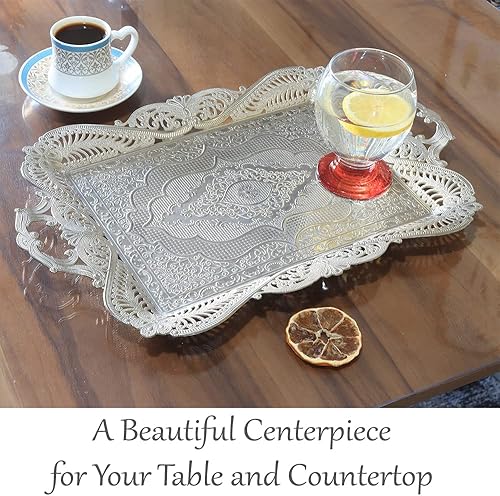 Miniatura 5 de Manijas plateadas de bandeja de té turco para servir café, bandeja plateada decorativa, bandeja de metal para servir, centro de mesa para fiesta,