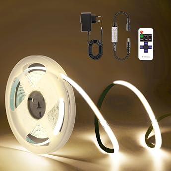 COB LED Strip 2 m LED Strip Natural White 4000 K 24 V Light Strip Dimmable 8 mm Width with RF Remote Control and Power Supply for Home Decoration Kitchen Mirror [Energy Class A]