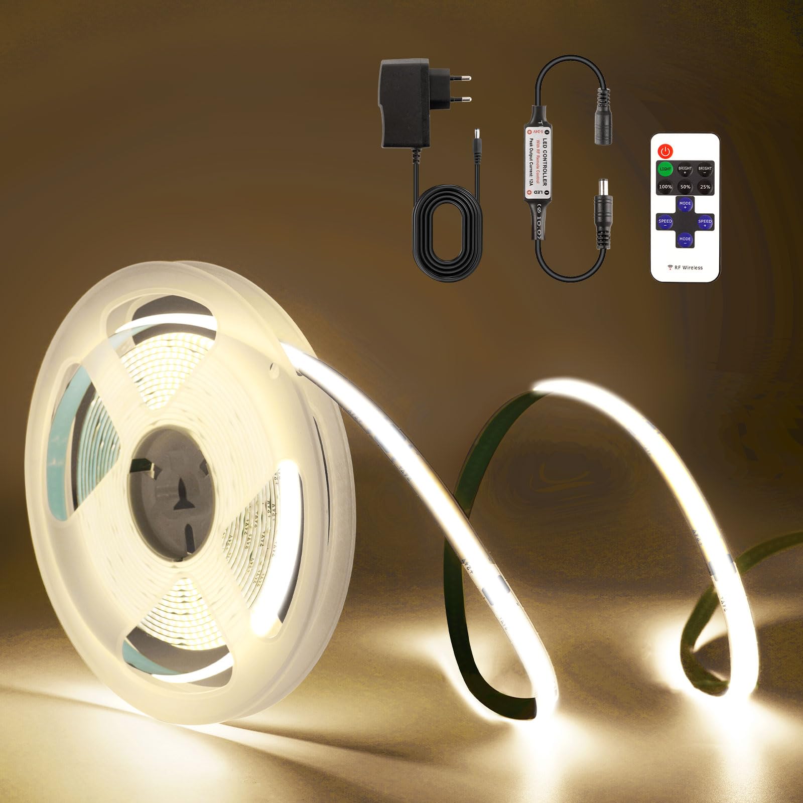 TK99SW Cob LED Strip Lights 6.6ft with Remote Control 4000K White Color Applicable in Bedroom Room DIY Decoration