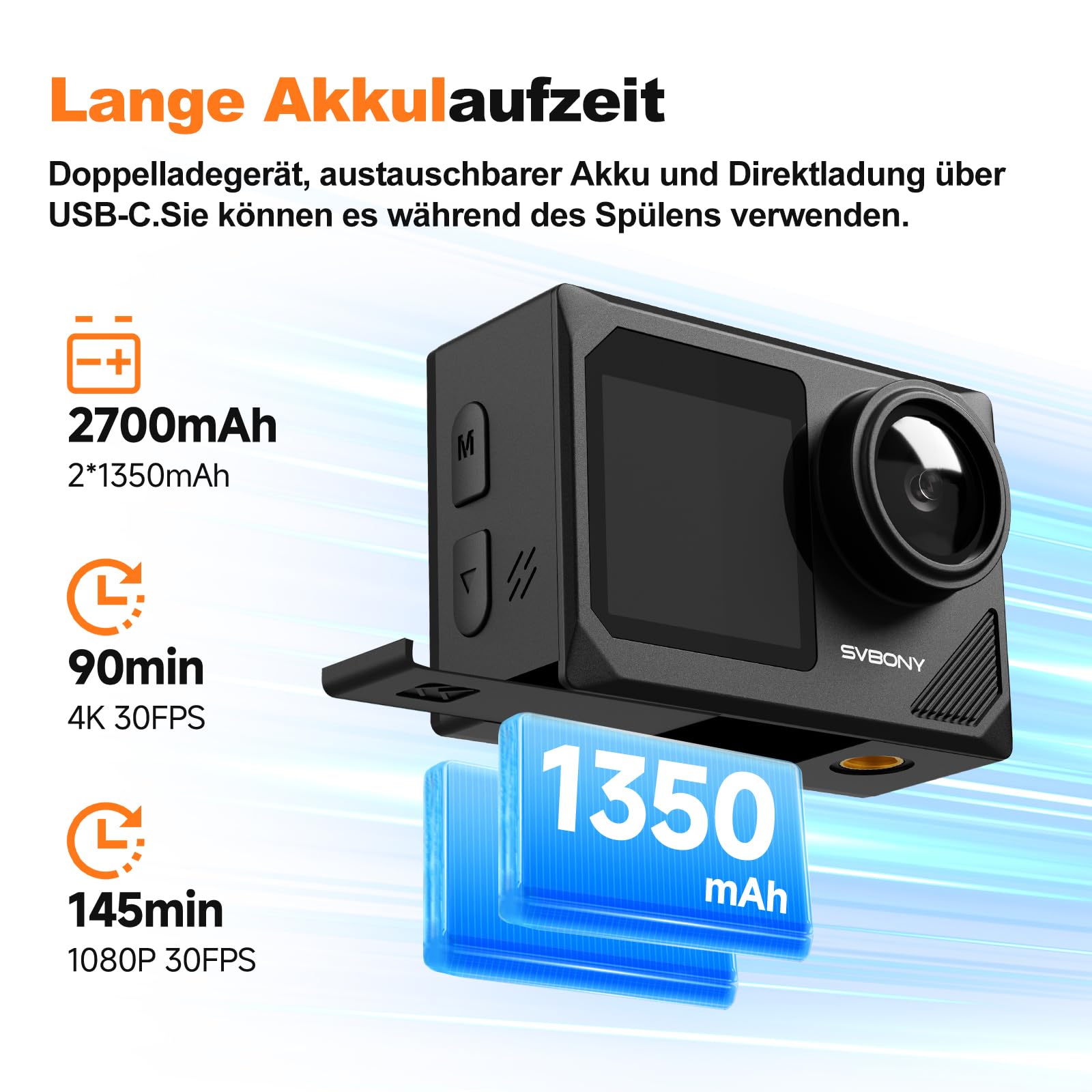 SVBONY SVGo2 4K Unterwasserkamera Action-Kamera EIS Wasserdicht 30m Touchscreen Dual-Screen 140° Weitwinkel WLAN