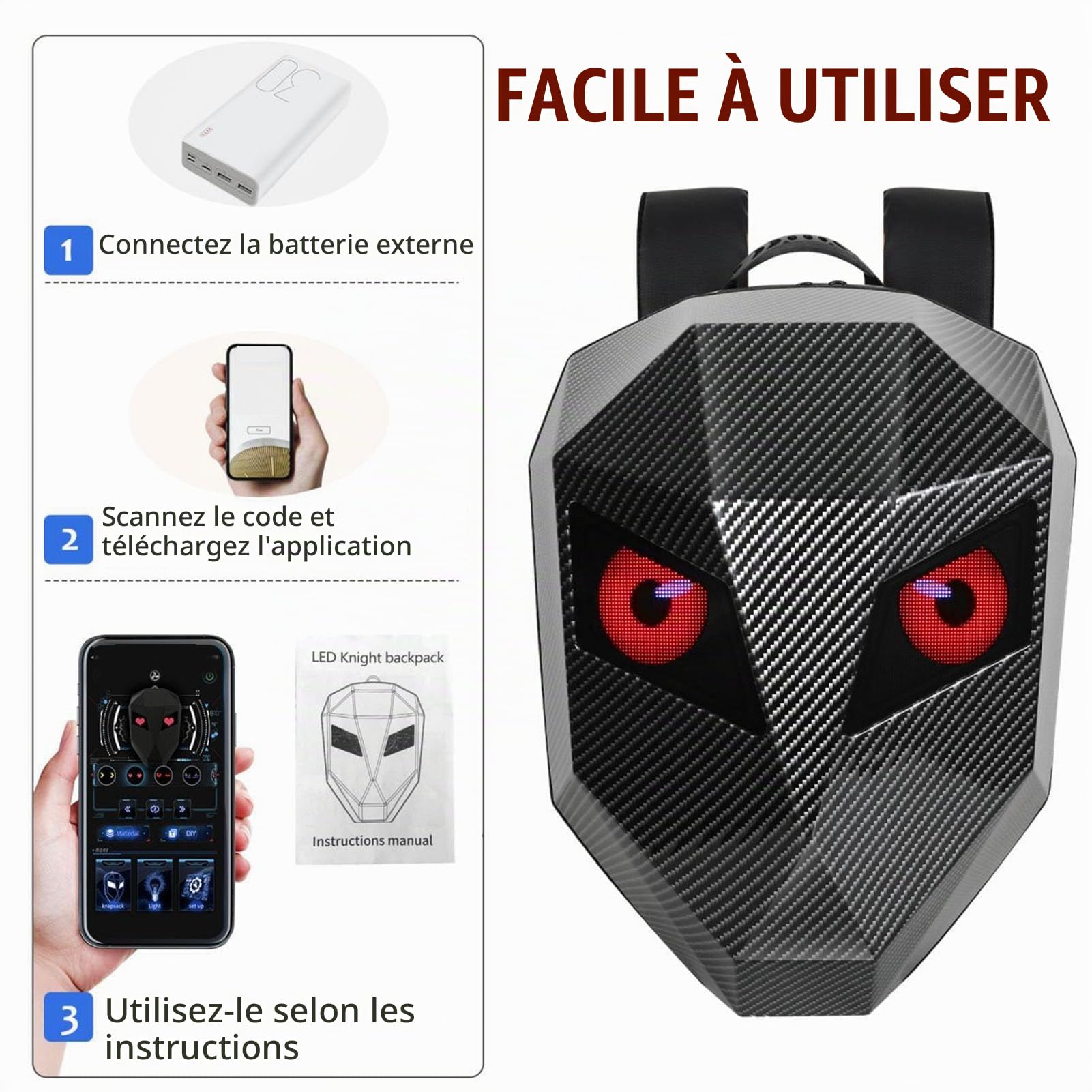 Sac à Dos de Moto Grande Capacité Étanche à LED Coque Rigide Sac de Casque DIY pour Hommes et Femmes Voyage et Camping