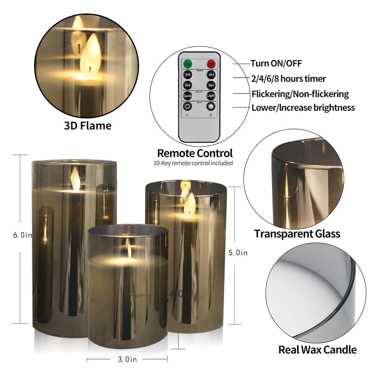 YMing LED Flammenlose Kerze mit Fernbedienung und Timer, 4in 5in 6in, 3er-Set batteriebetriebene mit beweglichen Wick Dancing Flames für Bad Deko, Deko Wohnzimmer, Tischdeko Wohnzimmer