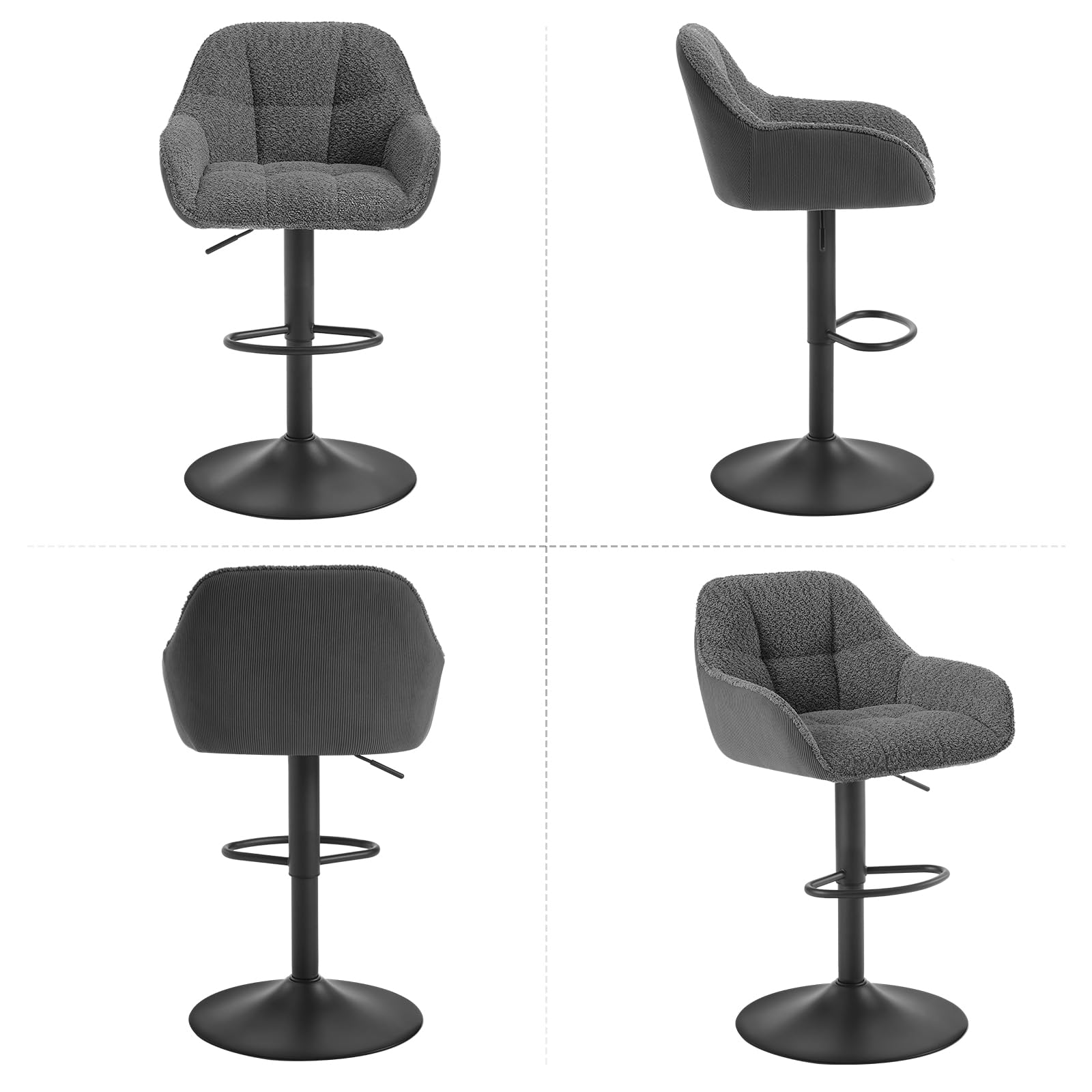 WOLTU Barhocker 2er Set, Barstuhl höhenverstellbar, Küchenhocker Bistrohocker Tresenhocker mit Lehne Fußstütze, drehbar, gepolstert, Chenille Cord Metall, Dunkelgrau, BH400dgr-2