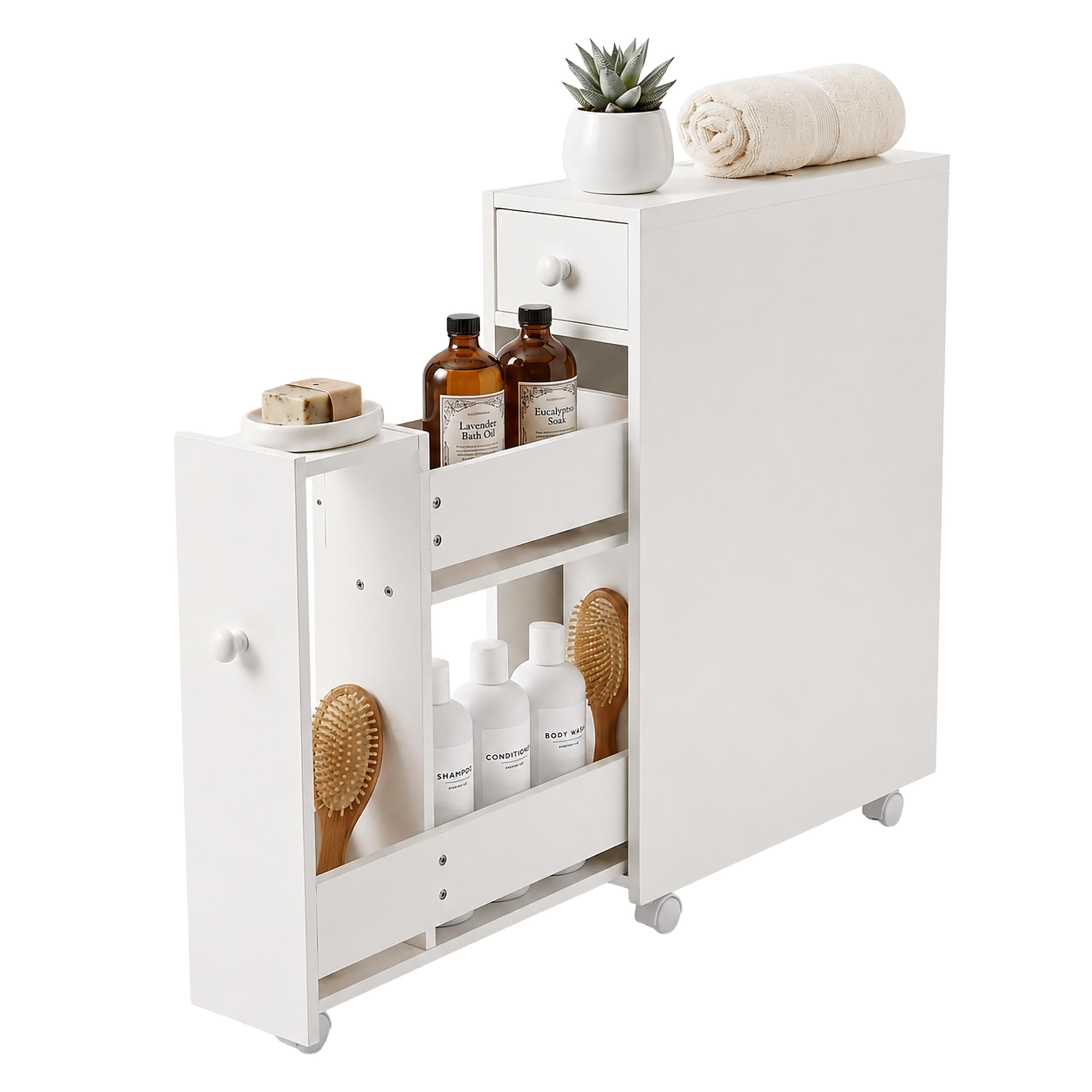 Relaxdays, mobile nicchia rollabile con cassetto e scomparti per bagno e cucina, 62 x 16 x 48 cm, truciolare bianco