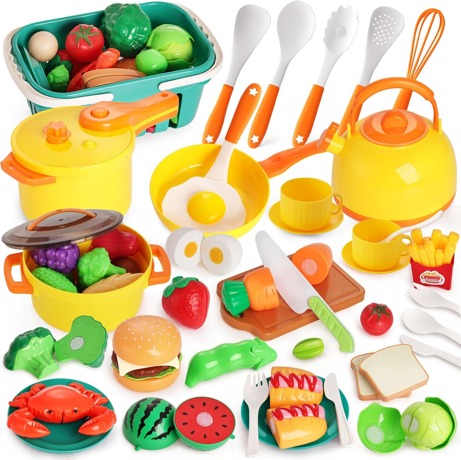 LovesTown 59PCS Yellow Kitchen Toy Set, Pretend Play Food with Basket&Pots