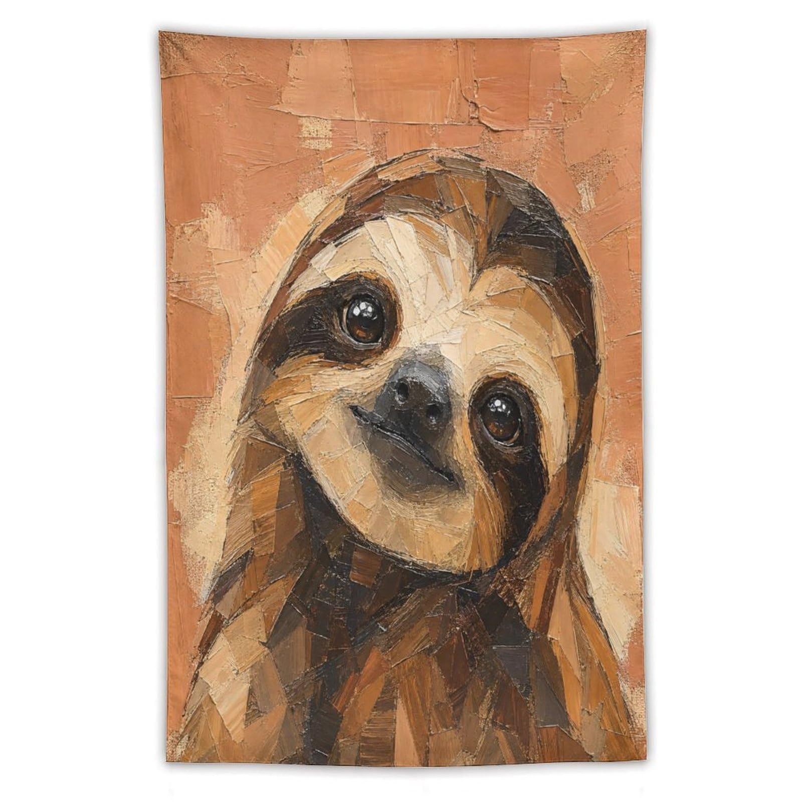 H3B8U2Y5 Sloth Portrait Wall Tapestry, Folk Art Style, Warm Geometric
