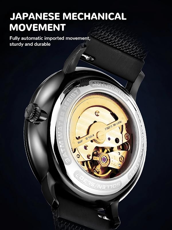 SOLLEN Men's Skeleton Automatic Watches, Original Mechanical Watch Movement, Double-Sided Skeleton Self-Winding Watches for Men, 3ATM Water Resistant Luminous Luxury Casual Wrist Watches for Men by SOLLEN - Used condition - Image 4