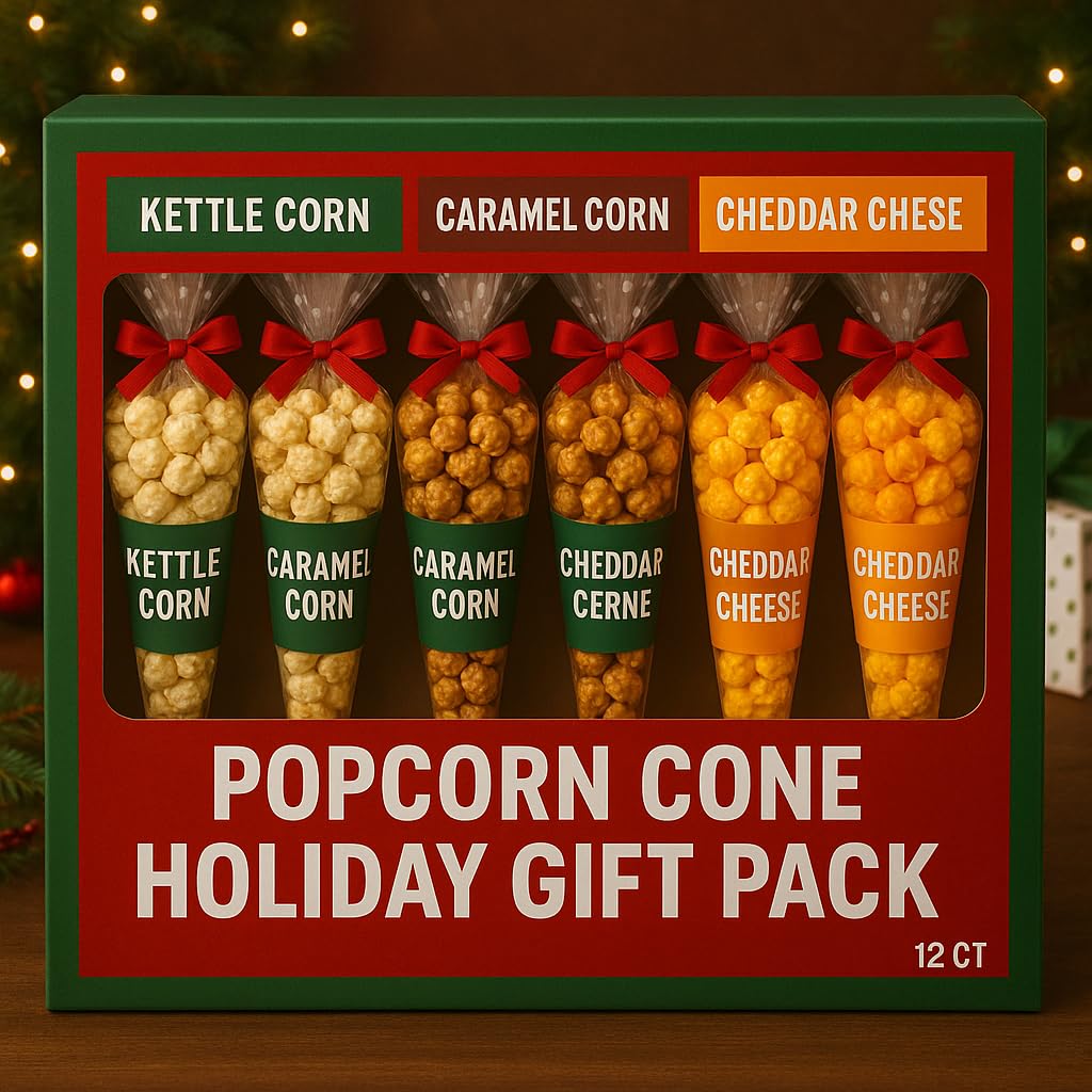 Holiday Popcorn Cone Gift Pack, 12 Count – Kettle Corn, Caramel Corn & Cheddar Cheese – Festive Christmas box with To/From Tag – Hangable Tree Decoration – Gourmet Snack Assortment. Santa Popcorn. Package May vary