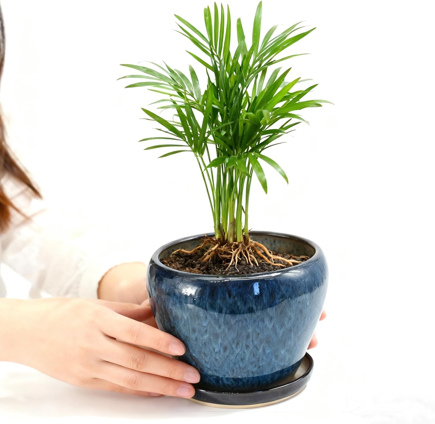 MAGP 10 Inch Large Plant Pots with Drainage Hole and Saucer, Large Ceramic Decorative Flower Pot for Plants Indoor Outdoor Planter, Round Blue