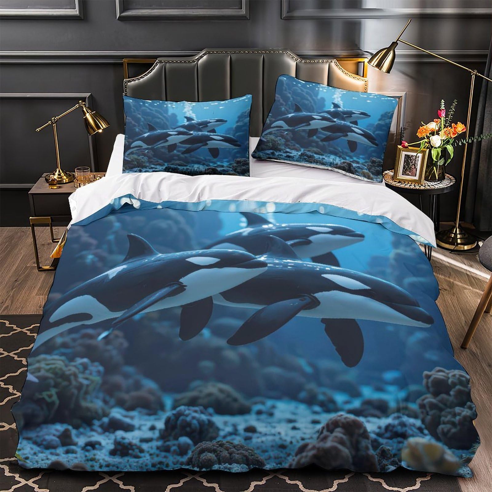 Housse de Couette Orques et Dauphins 3D 140x200 microfibre pour lit une place enfant