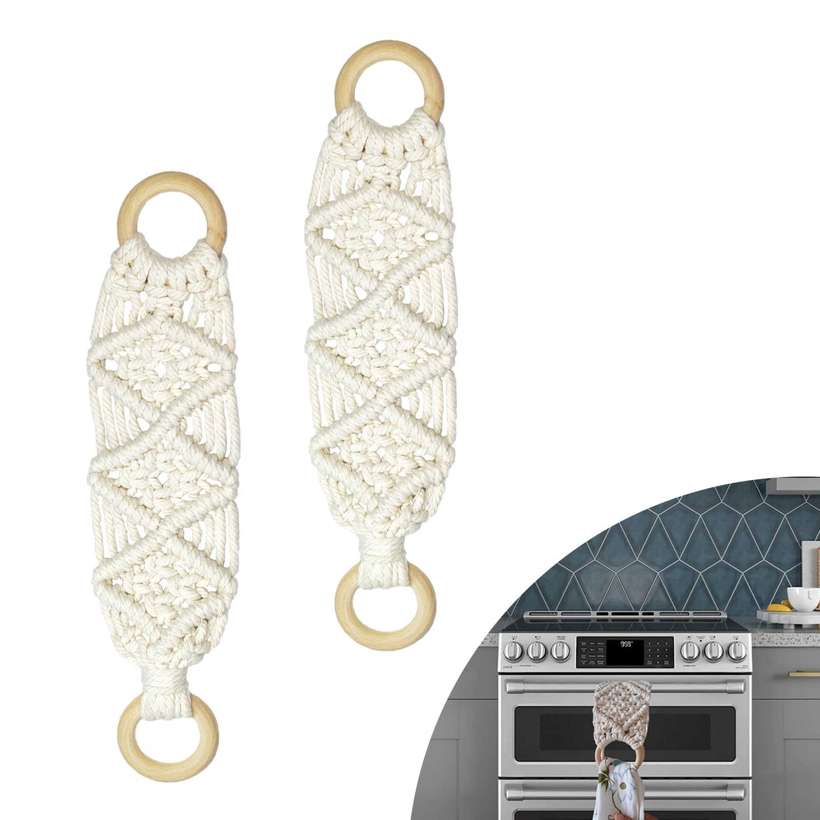 TSBS 2 Pack Kitchen Towel Holder - Natural Cotton Rope and Beech, for Oven and Boho Hand Towels (White)