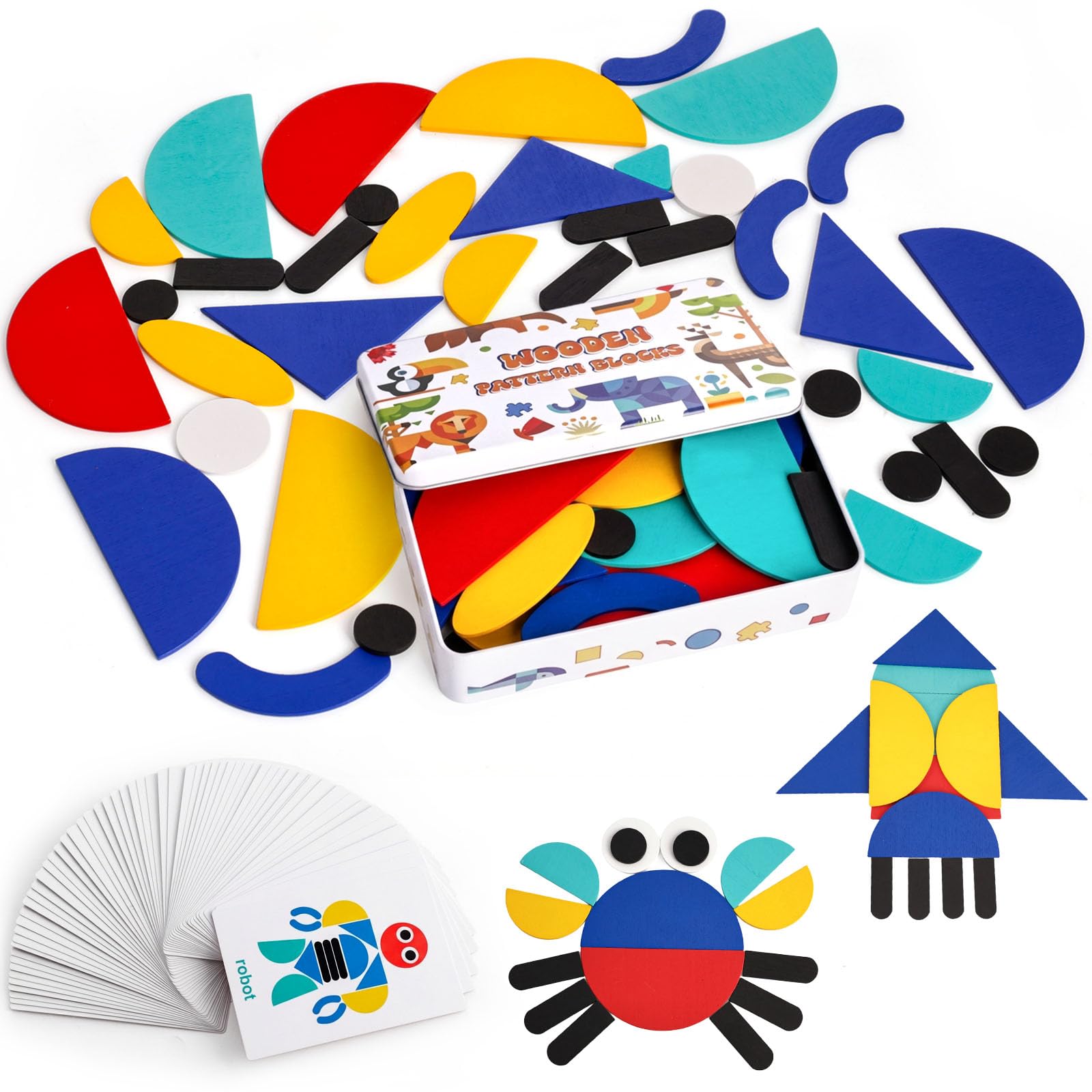 LovesTown Wooden Pattern Blocks Montessori Toys for Toddler Kids Open Ended Shape Puzzles Educational Tangram Preschool Learning Toy with 60 Cards 36