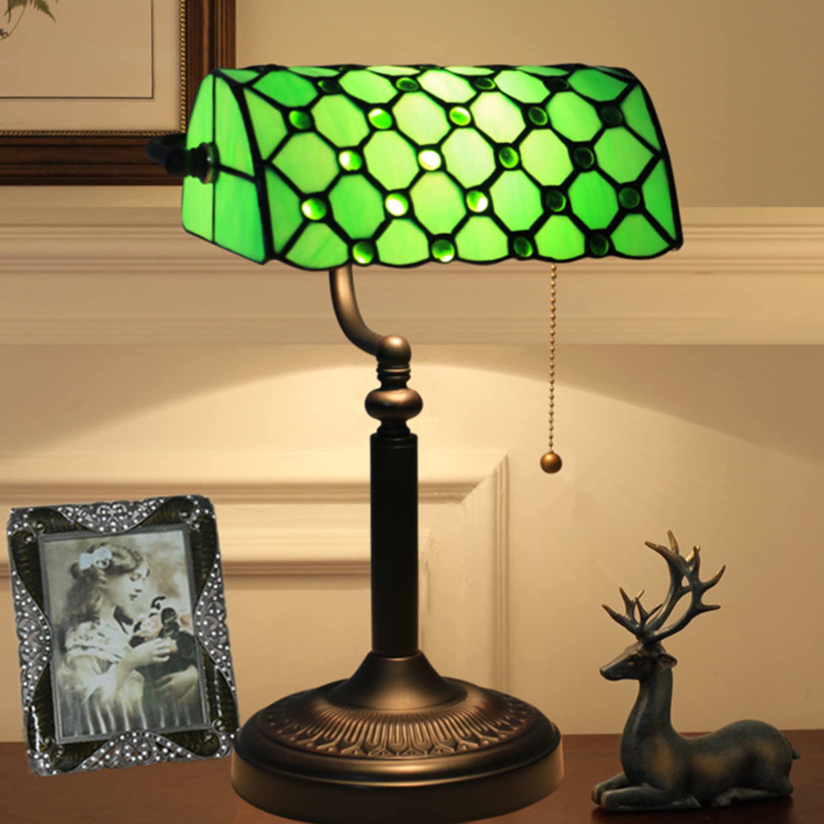AIBOTY Green Glass Bankers Desk Lamp, Antique Tiffany Stained Glass Reading Table Lamps with alloy Base, Traditional Library Lamp with Pull Chain, Vintage Desk Lamp for Office Study Room,E
