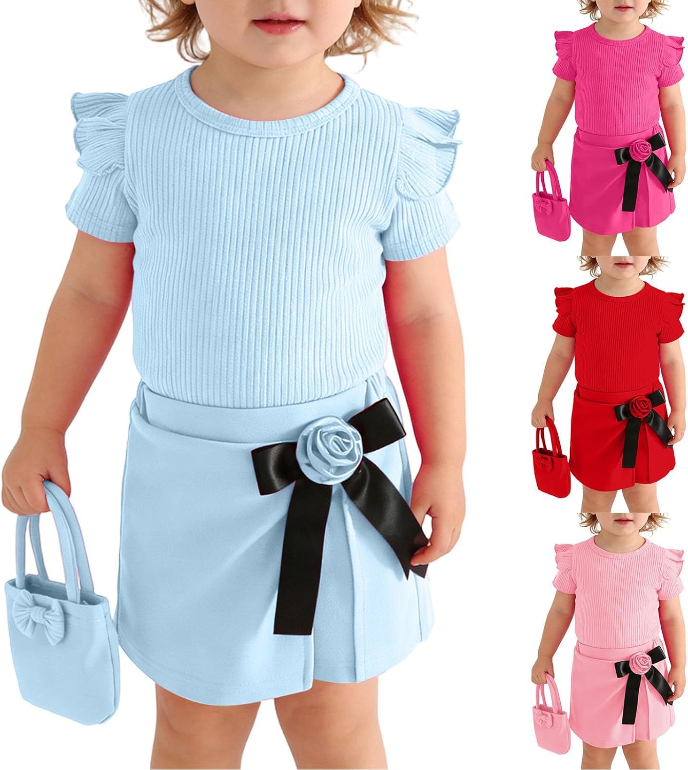 Girls Two Piece Clothing Set Short Sleeve Ruffle Knitting Top Floral Tie Cute Plain Skirts Summer Matching Sets