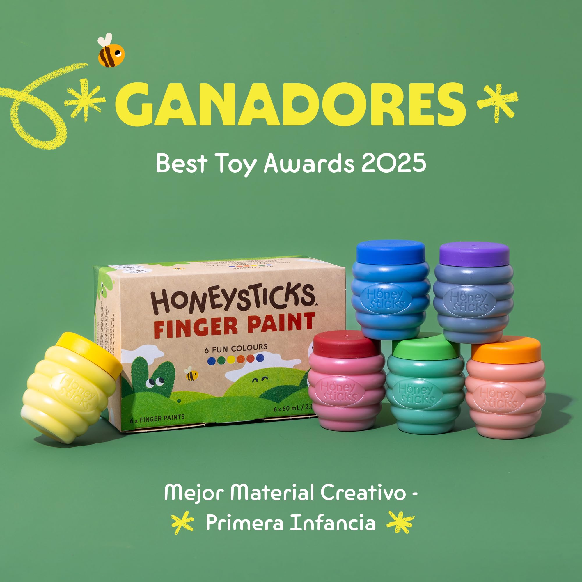 Honeysticks Pintura de Dedos para Niños y Bebés No Tóxica – Pinturas para Bebés y Niños de 1 a 5 Años a Base de Agua en 6 Colores Vivos - Seguras y Lavables de la Piel – Ecológica