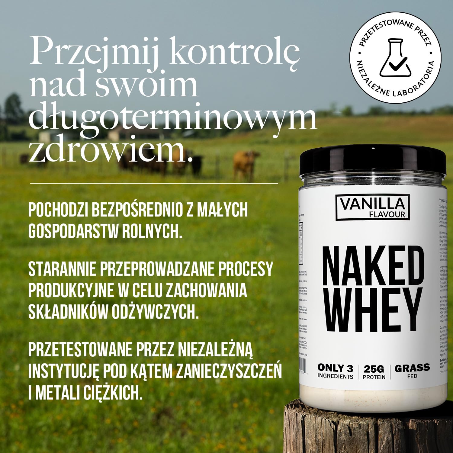 Naked Whey - Suplement diety w postaci proszku zawierający białko serwatkowe, o smaku waniliowym, bez GMO, bez soi, bez glutenu, wspomagający wzrost i regenerację mięśni, 450 g