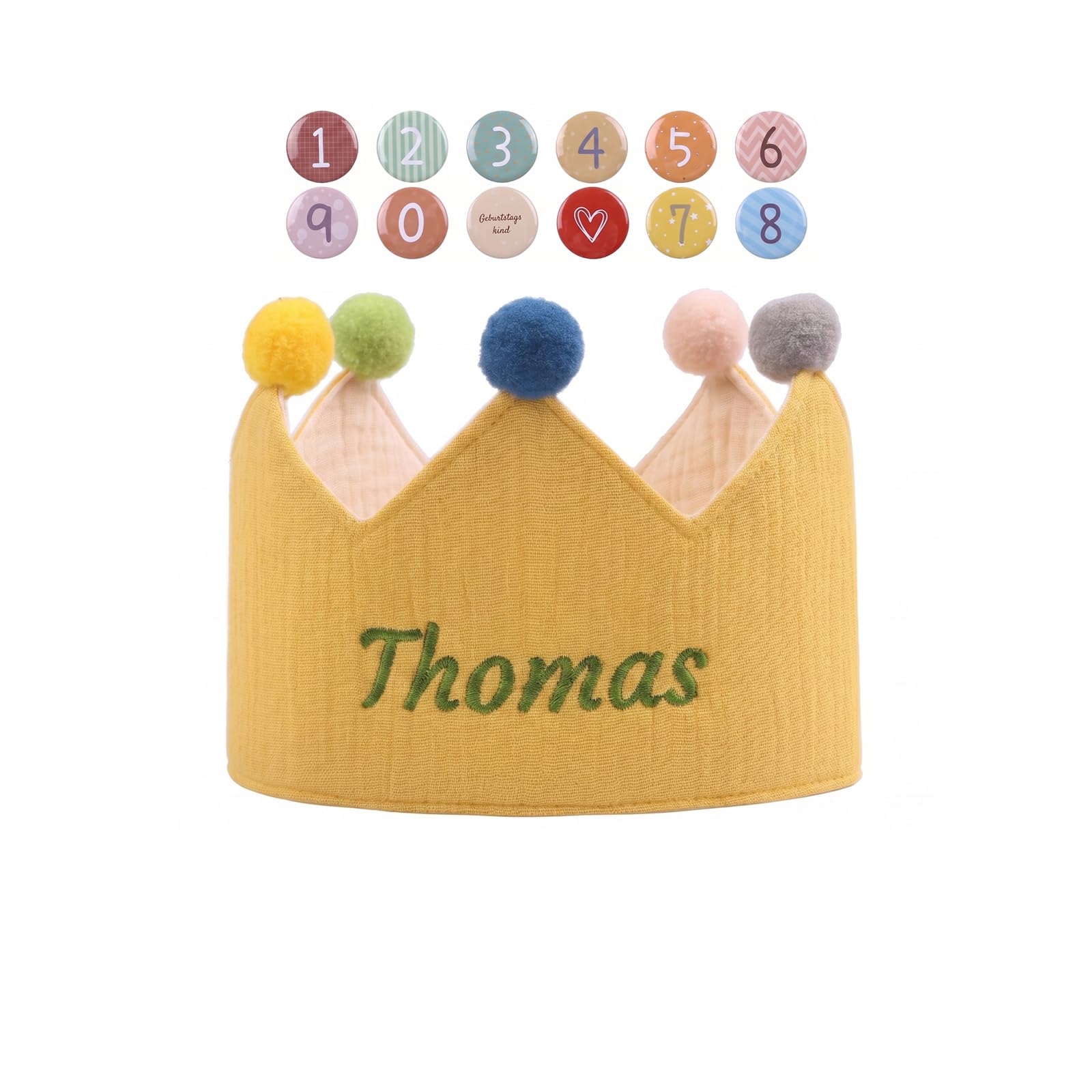 Gaosh Personalised Birthday Crown for Boys and Girls with Embroidered Name Cotton Children Birthday Headband with Numbered 0–9 Adjustable Straps Birthday Hats Party Decoration (Yellow) — image 1