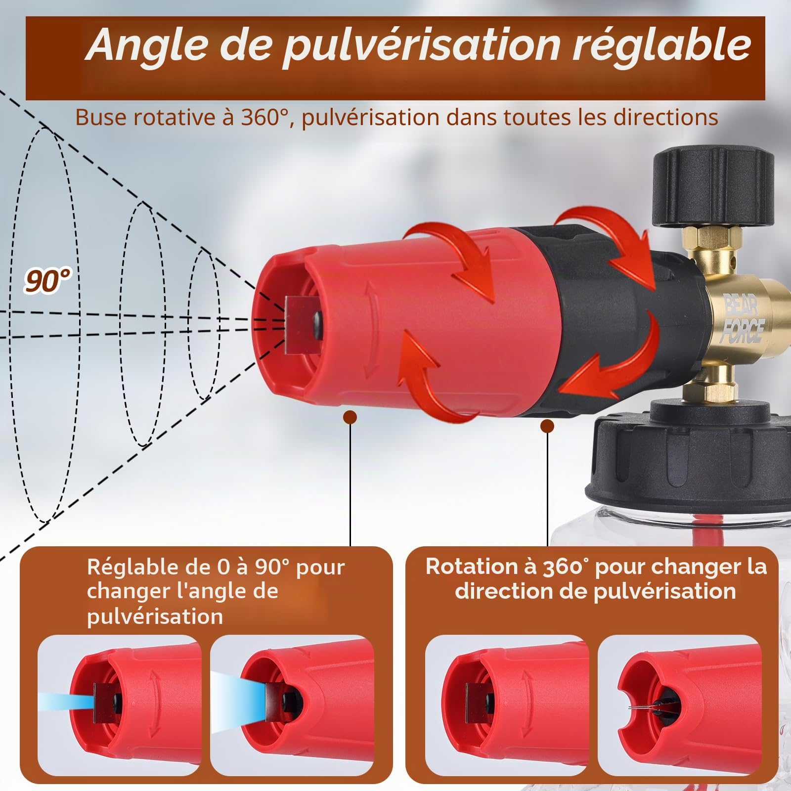 BEAR FORCE Lance à mousse pour nettoyeur haute pression compatible avec Karcher K2, K3, K4, K5, K6, K7, livrée avec buse à orifice de 1,25 mm et 1,10 mm, mousse épaisse réglable à 360°, lavage de