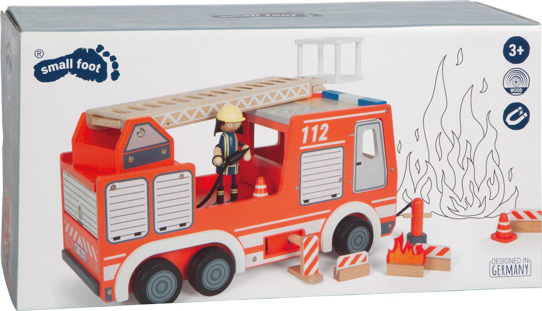 small foot Coche de Bomberos, Madera, con Escalera giratoria, Manguera, Acc. Juego Bomberos, a Partir 3 años, 12657