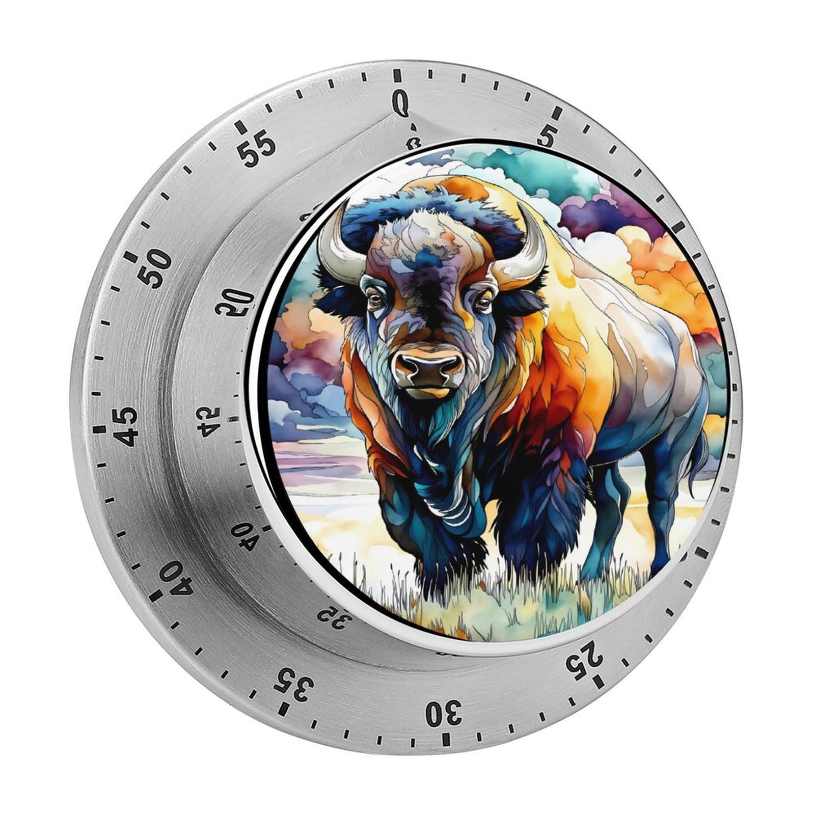 Vibrant Watercolor Bison Wildlife 60 Minute Wind Up Timer,Visual Mechanical Magnetic Timer with Loud Alarm for Kitchen