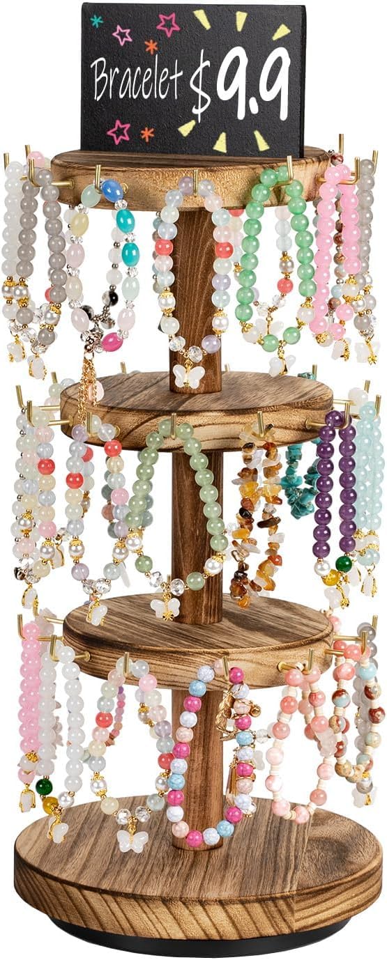 JINDUNJINDUN Bracelet Holder, 3 Tier Wooden Rotating Bracelet Display Stand, Tree Stand Vendor Booth Display with Adversitsing Board, 36 Hooks for Bracelet, KeyChain Display Stands for Selling, Brown