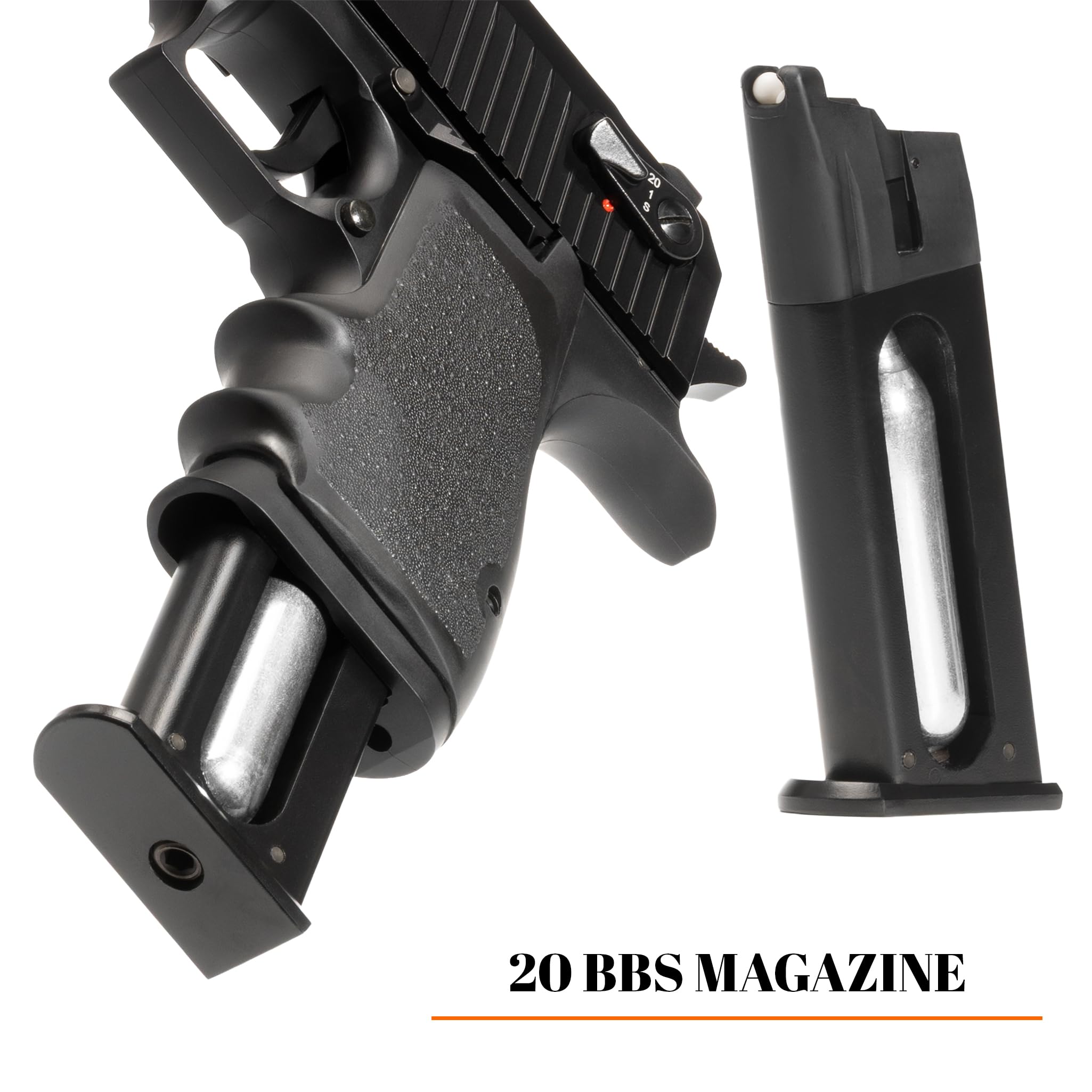 Pistola CO2 Desert Eagle DE L6 softair blowback, POTENZA 0,9 JOULE, polimero/metallo, singolo/raffica, hop-up, 269mm 1094g, bundle 1000 pallini + 5 bombolette