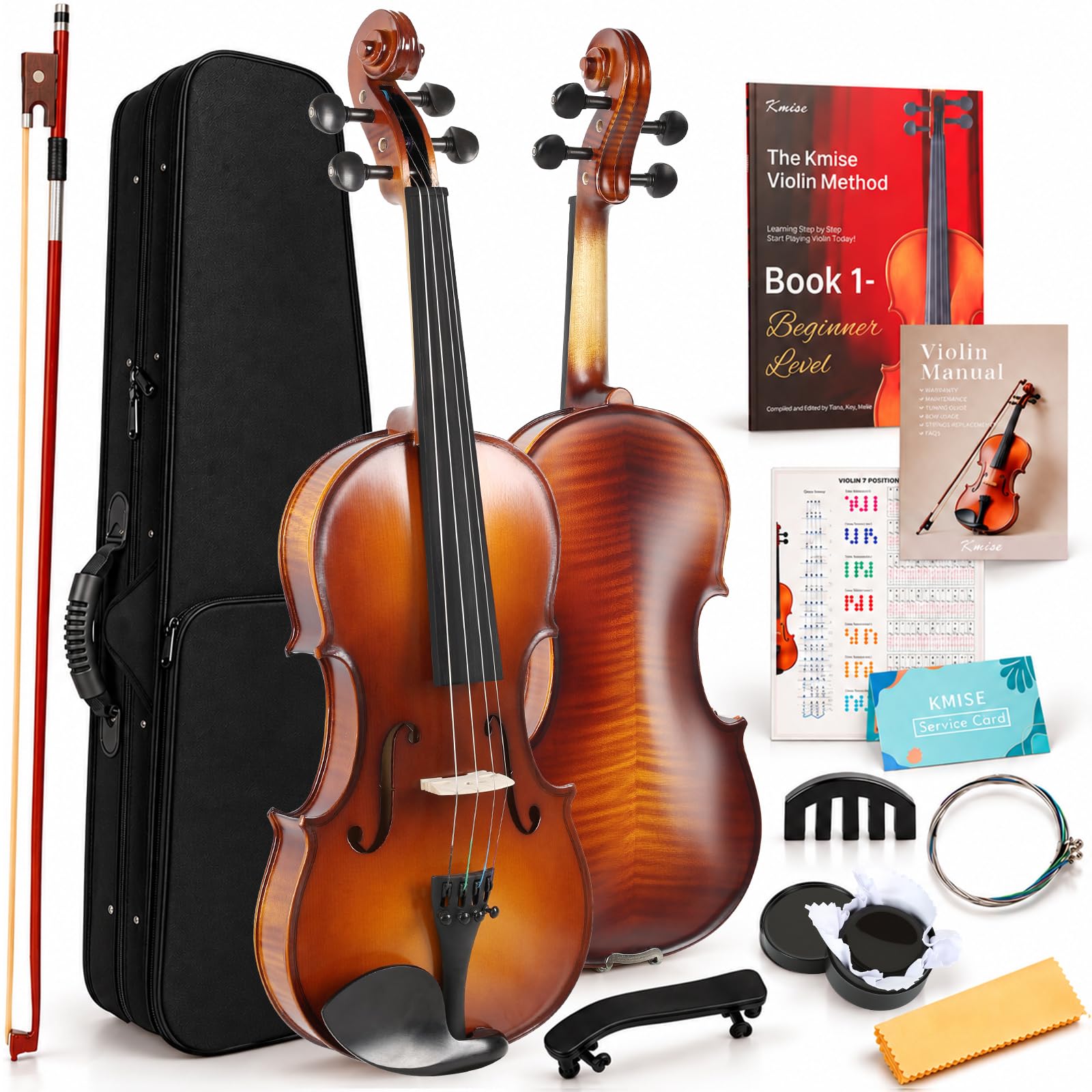Kmise Teacher Approved 4/4 Full Size Violin Starter Kit for Adults Beginners Students, Artistic Tiger-Stripe Acoustic Violins, Fiddle Bundle with Case, Bow, Rosin, Strings, Shoulder Rest &amp; Guide