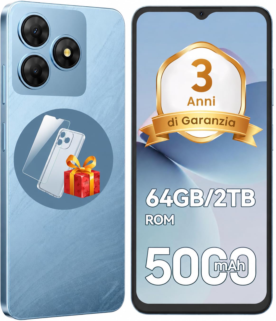 Smartphone Offerta Android, Batteria 5000mAh Telefono Cellulare, Smartphone 6.56 Pollici HD+, 6GB+64GB/TF 2TB Cellulari, Fotocamera 13MP+8MP, Telefoni 4G Dual SIM, Face ID/GPS, Garanzia 3 Anni, Blu