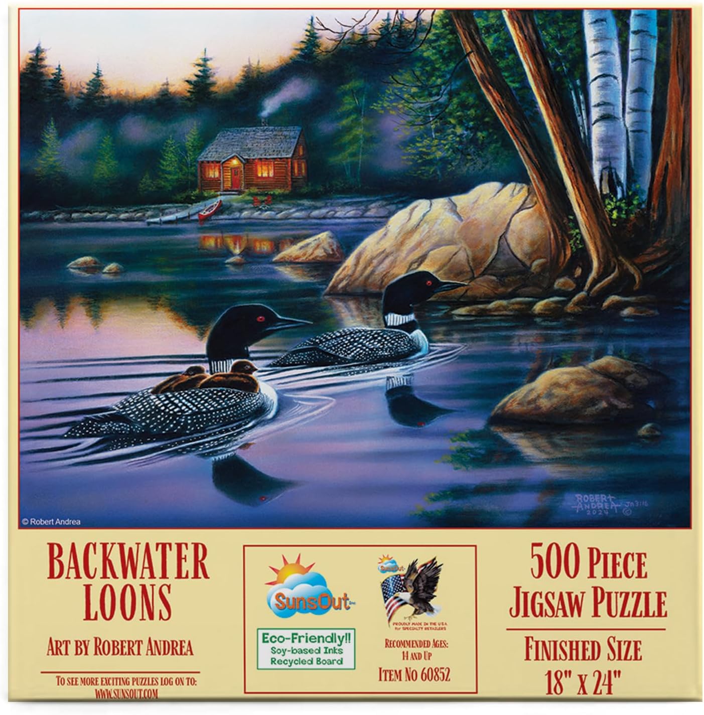 SUNSOUT INC - Backwater Loons - 500 pc Jigsaw Puzzle by Artist: Robert Andrea - Finished Size 18" x 24" - MPN# 60852