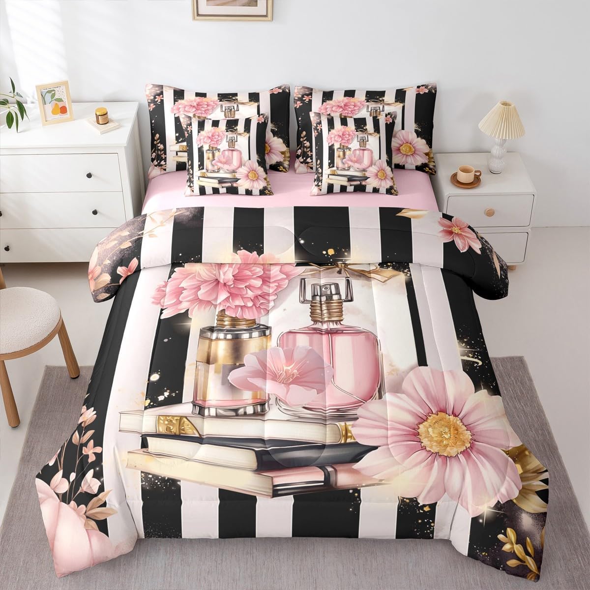 7 Piece Pink Floral Bed in A Bag Full Size Modern Fashion Girly Comforter Set Romantic Makeup Themed Bed Set Black White Stripe Sheet Set Women Perfume Print Bedding Fitted Sheet