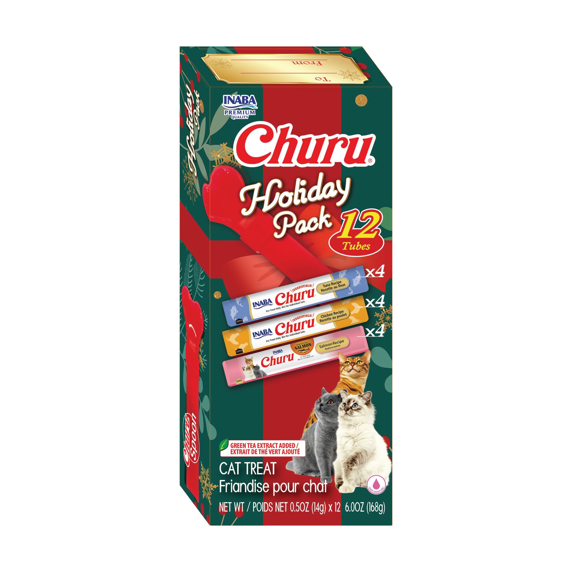INABA Churu Cat Treats Lickable Tubes, Holiday Variety Pack, 12ct | Wild-caught tuna, Real chicken, 91% moisture, Grain-free, Preservative-free, High protein, 12 x 0.5 oz tubes
