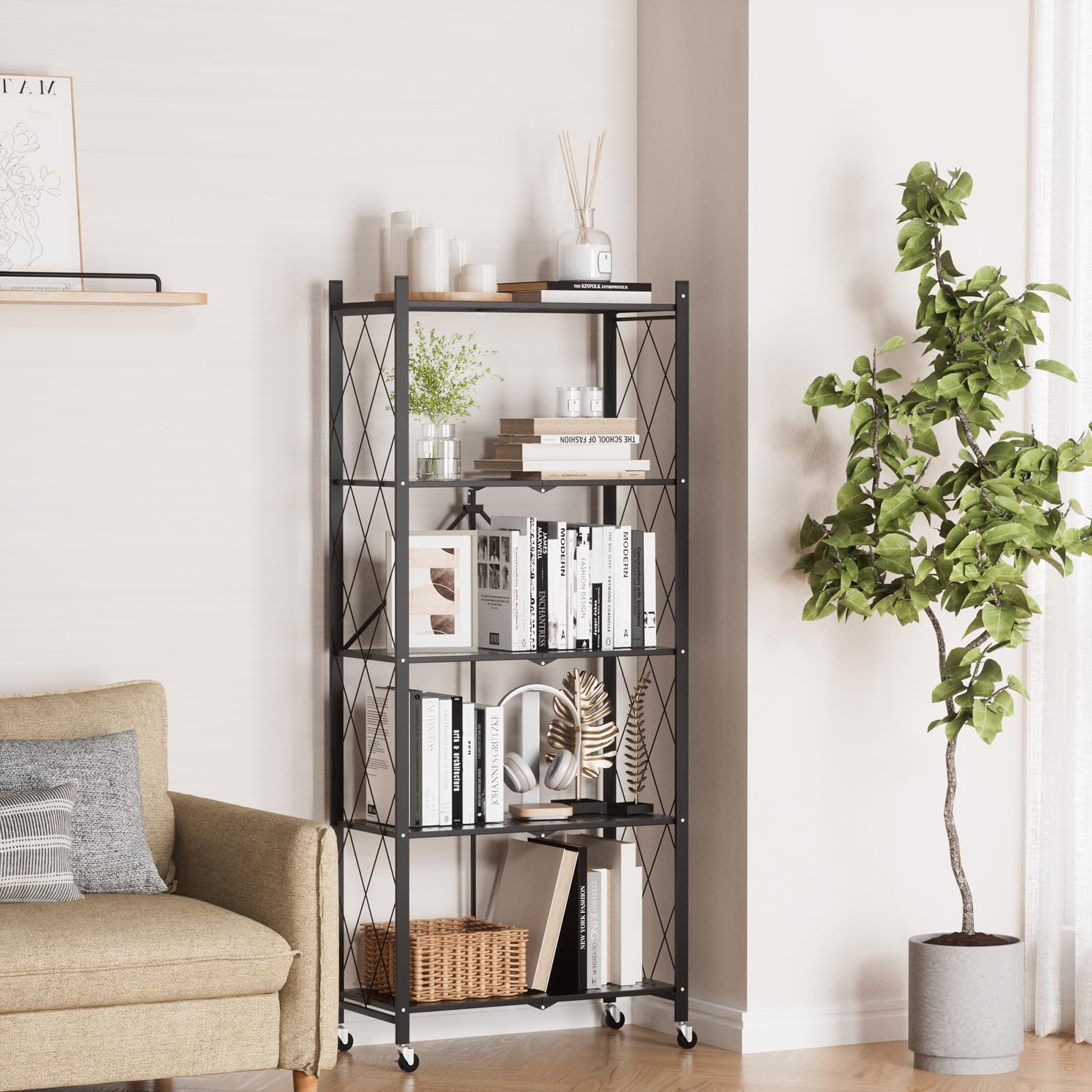 ALANNG Klappregal mit Rädern - Standregal mit 5 Ablagen, Bücherregal aus Metall - Montagefrei & Stabil - Für Küche, Wohnzimmer, Keller, Büro - Schwarz