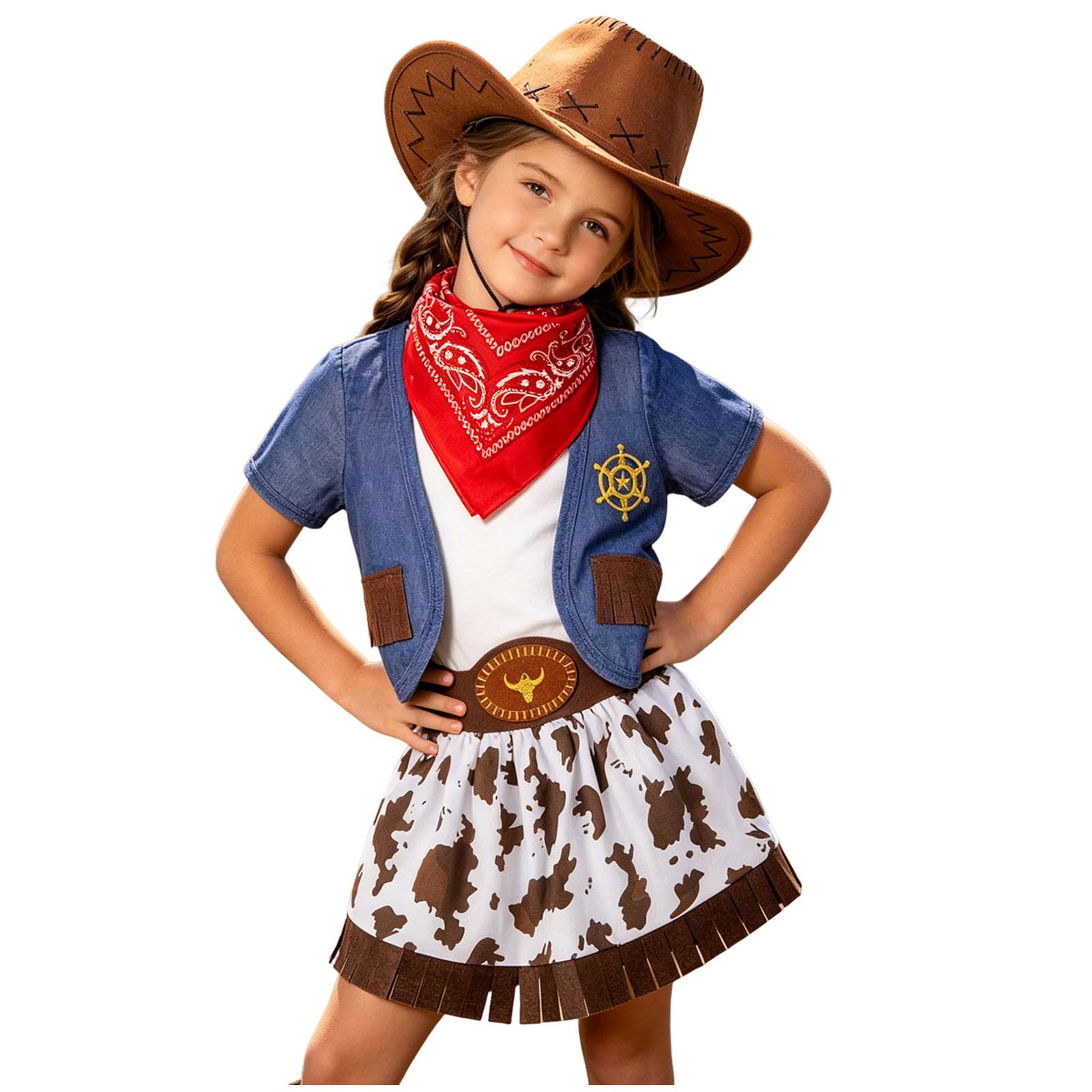 Kids Western Cowgirl Costume with Hat Bandana, Girls Cowgirl Outfit Fancy Dress Cosplay for Halloween Party Birthday Carnival Masquerade Festival (Blue, 3-4 Years) — image 1