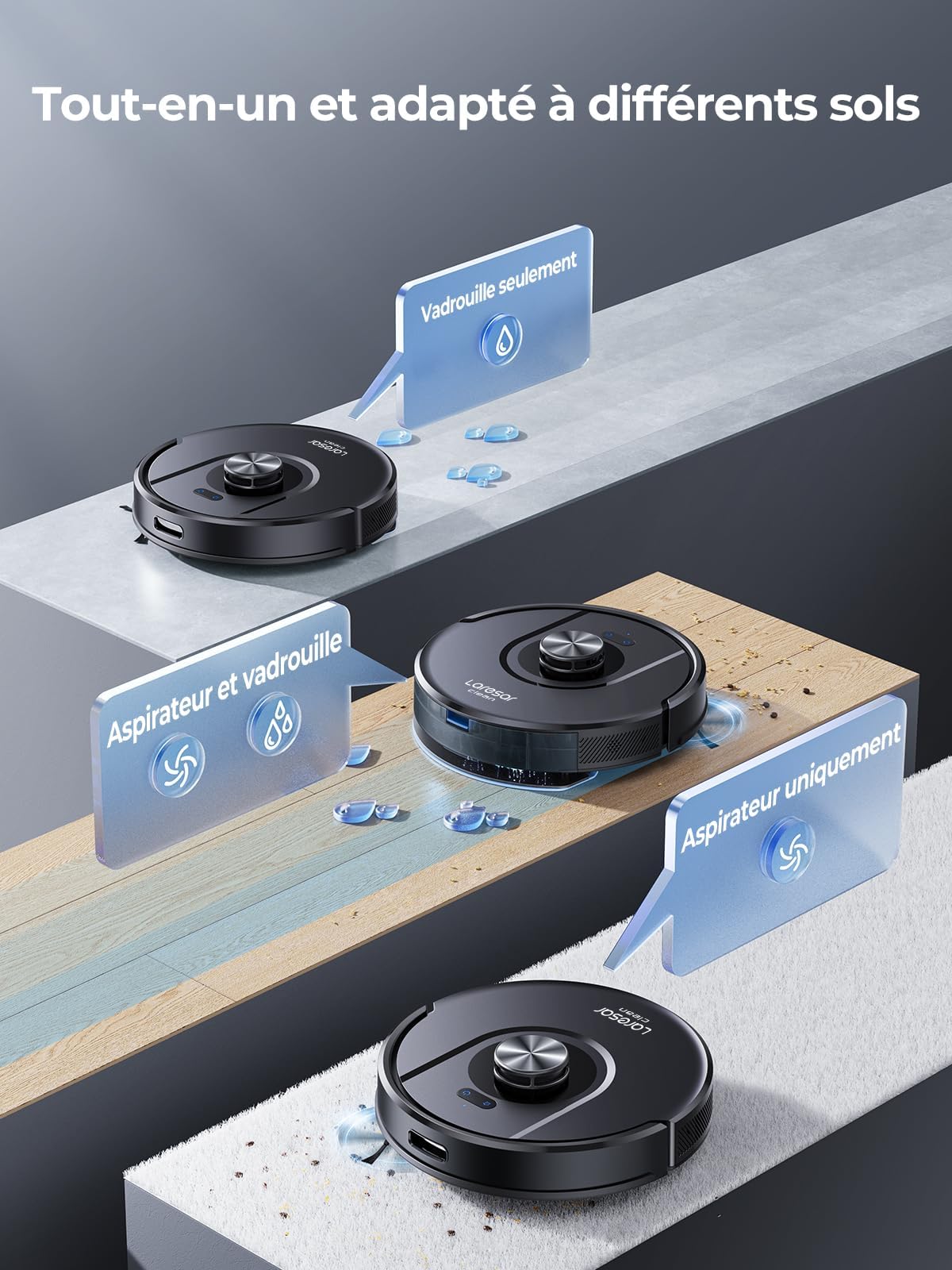 Aspirateur Robot, 8000Pa 200Mins Robot Aspirateur Navigation LiDAR Laveur, Robot Laveur de sol, Cartes Pour Sols Multiples, Commande Alexa/APP/WiFi, Idéal Pour Poils d’Animaux, Tapis et Sols Durs