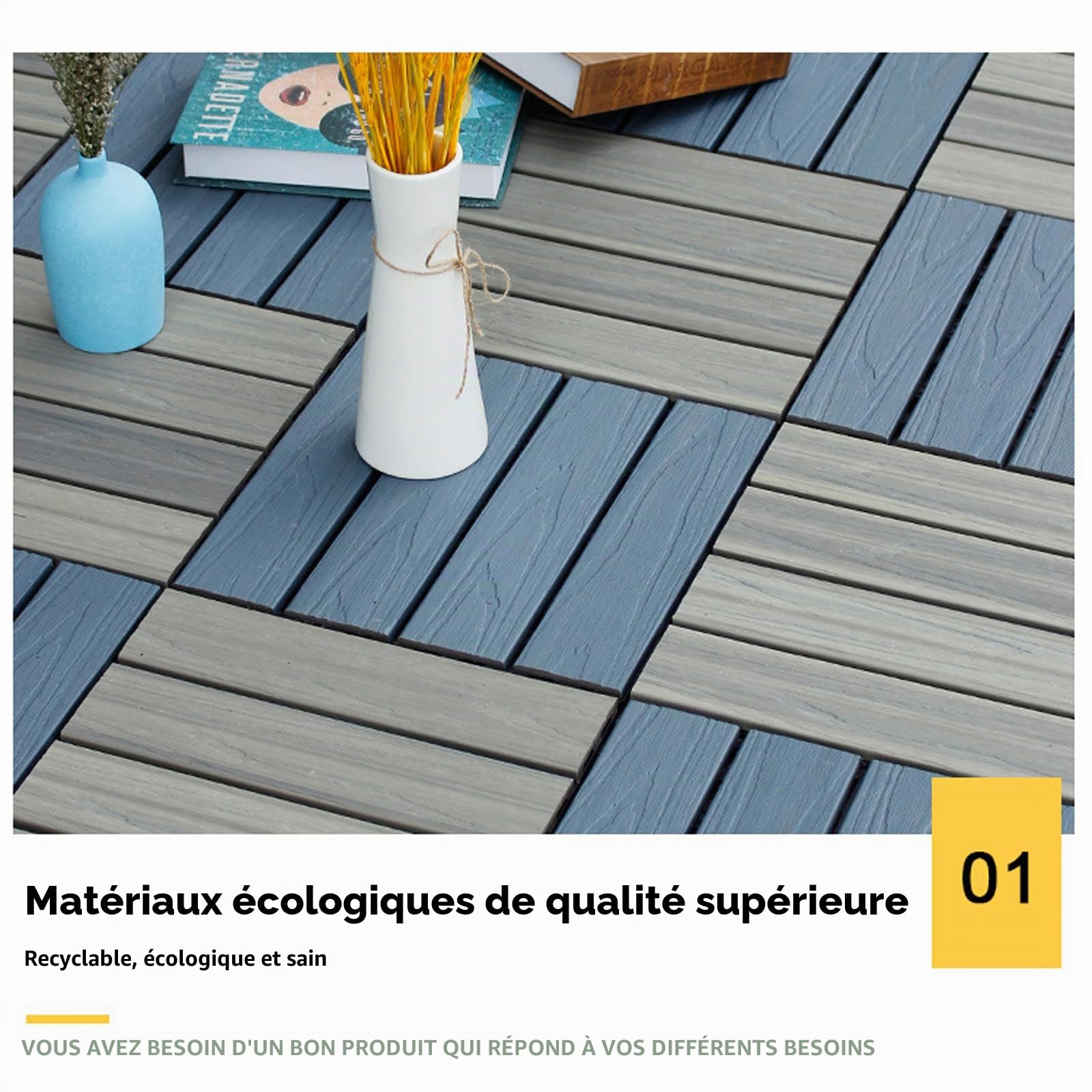 Dalles de Terrasse Emboîtables, Revêtement de Sol Extérieur en Composite WPC, Lames de Terrasse Résistantes aux Intempéries pour Jardin, Patio et Balcon(Size:5pcs,Color:Café)