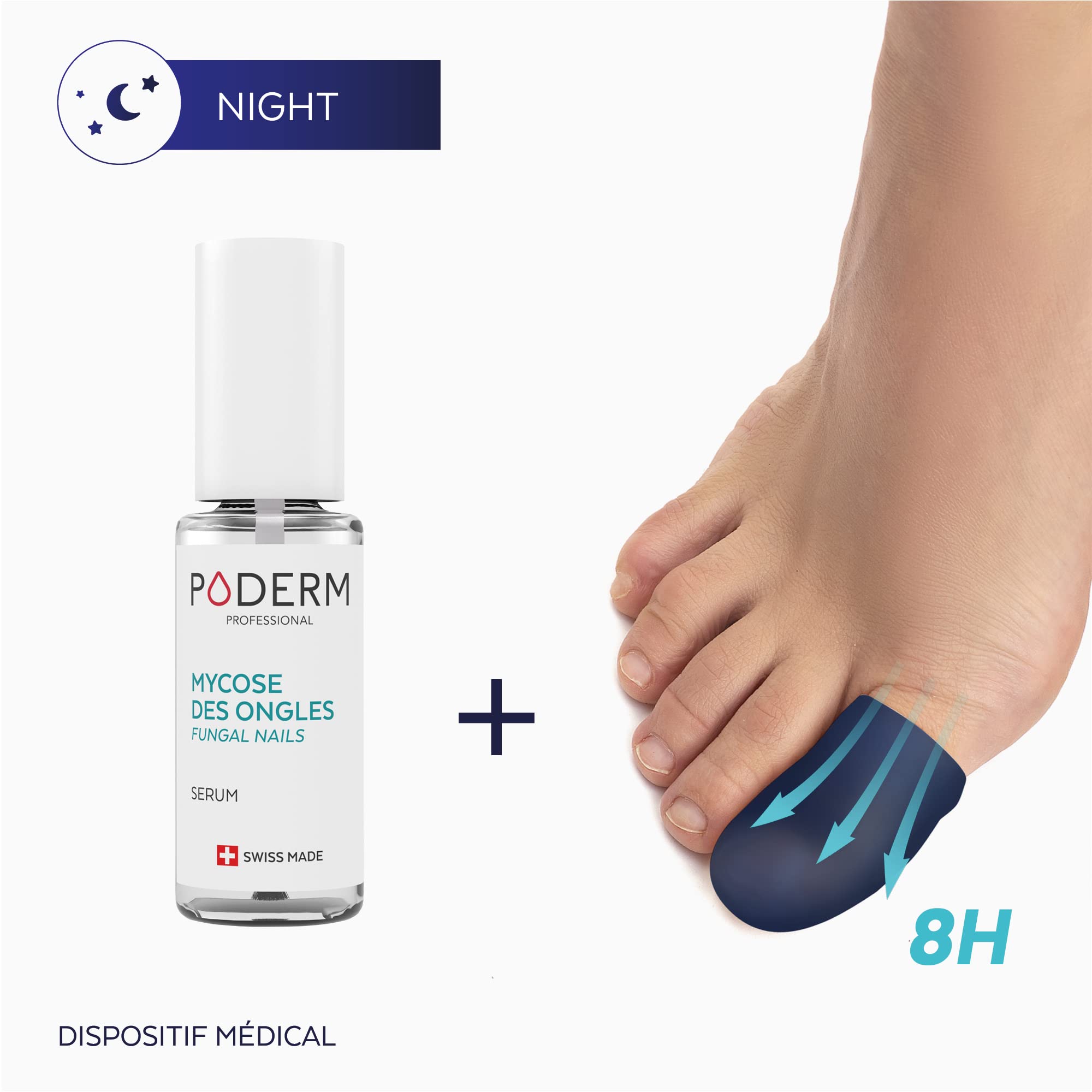 PODERM – MYCOSE ONGLE TRAITEMENT INTENSIF NUIT 2en1 – Élimine la mycose & renouvelle l’ongle pendant votre sommeil |VEGAN | Soin professionnel pied/main | Facile & rapide | Swiss Made