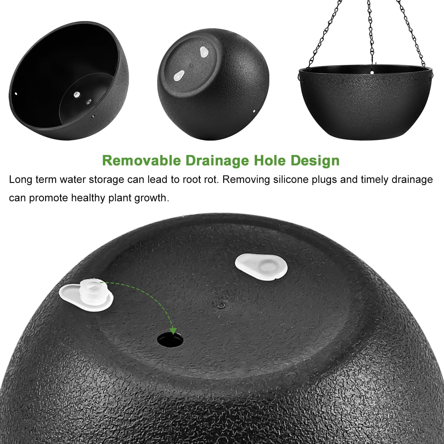 Enenes Large Hanging Planters 2 Pack 13 Inch Plastic Plant Pots with Drainage Holes and Chains for Indoor or Outdoor Garden, Patio, Large Hanging Baskets