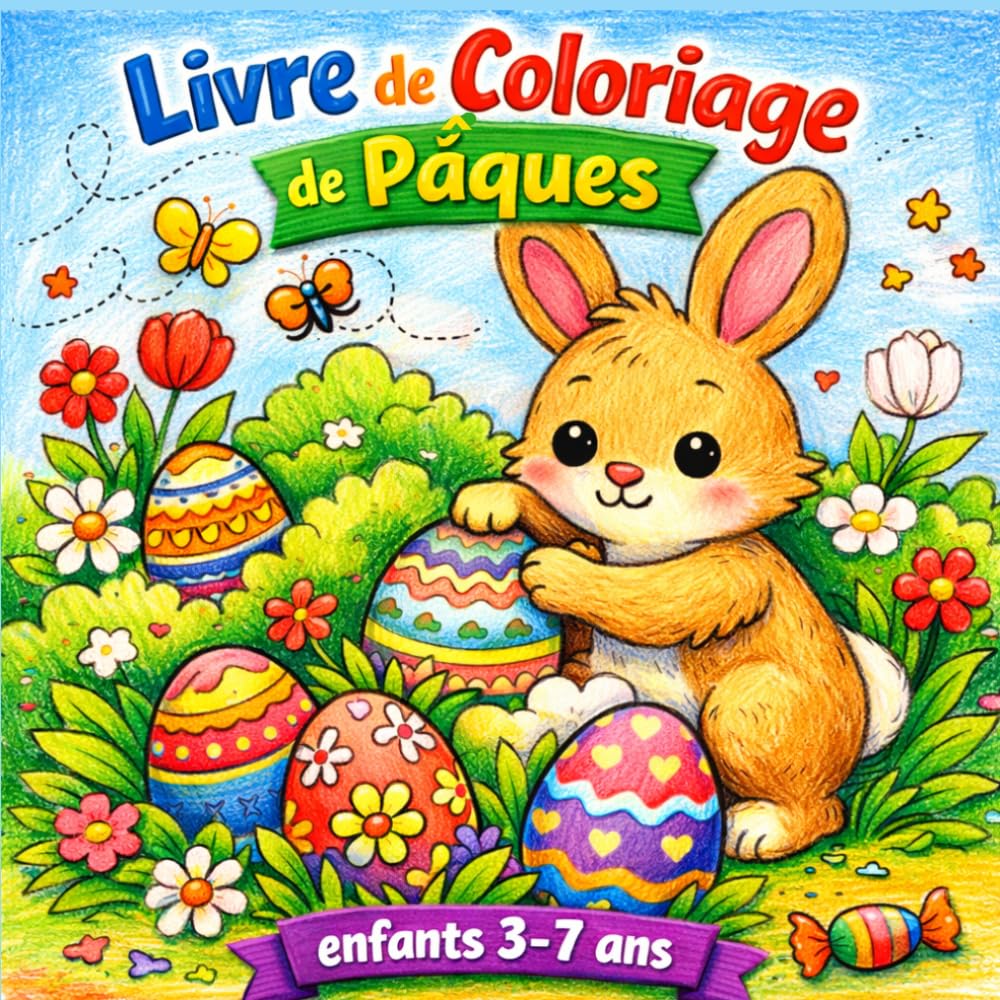 Livre de Coloriage de Pâques enfants 3-7 ans: 40 dessins faciles à colorier lapins œufs poussins activité créative ludique