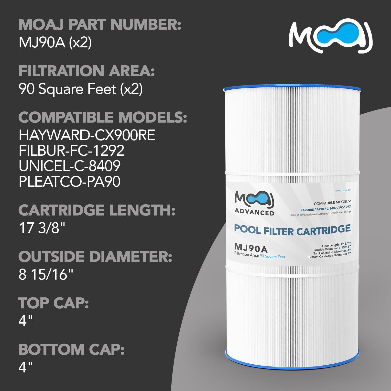 MOAJ Advanced Pool Filter 2-Pack Replaces Hayward C900, CX900RE, PA90, Unicel C-8409, Filbur FC-1292, Sta-Rite PXC95, Clearwater II ProClean 100, 817-0100, PCCF-100 | 17 3/8