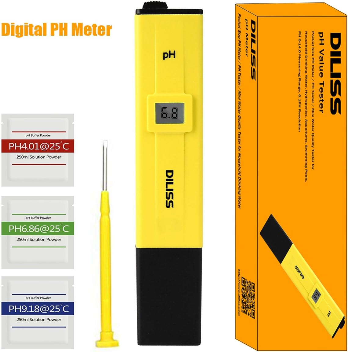 DILISS Digital PH Meter/PH Tester/Mini Water Quality Tester for Household Drinking Water, Hydroponics, Aquariums, Swimming Pools, 0.1PH Resolution - Extra PH Calibration Solution Mixture