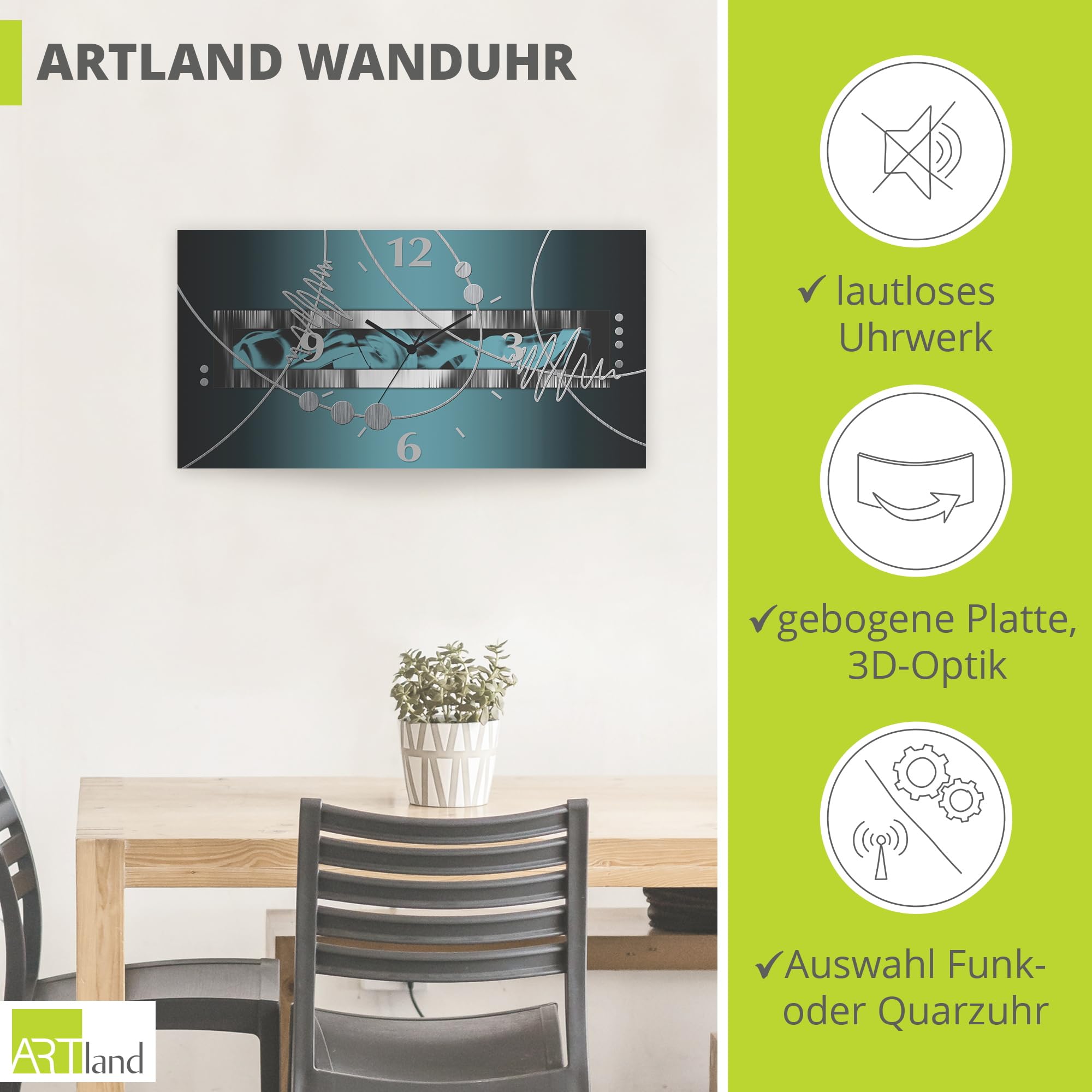 ARTLAND 60x30 cm Rechteckig Lautlos 3D Design Abstrakt Kunst Modern Ausgefallen S7LW