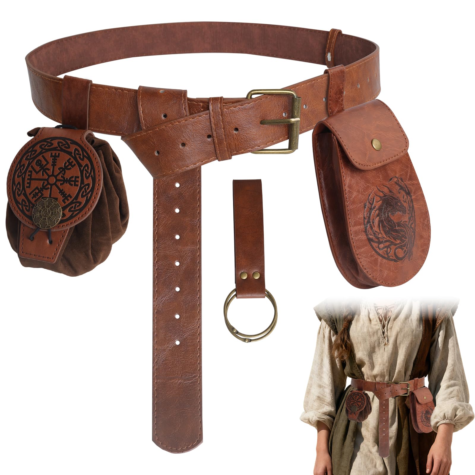 Ceinture Médiévale avec Sac Viking Ceinture, 4 Pièces Ceinture Médiévale Costume Accessoires, Viking Belt pour Fête Elfe Sorcière Cosplay Renaissance Halloween