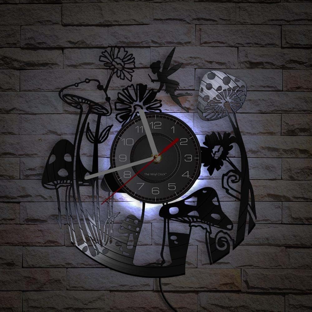 Fairy Tale LED Wall Clock, 7 Color Changing Garden Mushroom Vinyl Wall Watch Clock Decorative Silent Non Ticking Quartz Night Light Wall Clock Battery Operated for Nursery Kids Room (12inch)