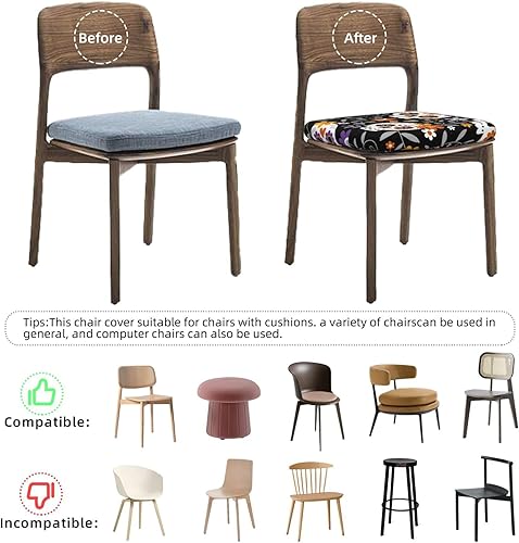 Miniatura 3 de Juego de 4 fundas de cojín para sillas de comedor de calaveras y flores, extraíbles y lavables, fundas para sillas de comedor, reutilizables, para