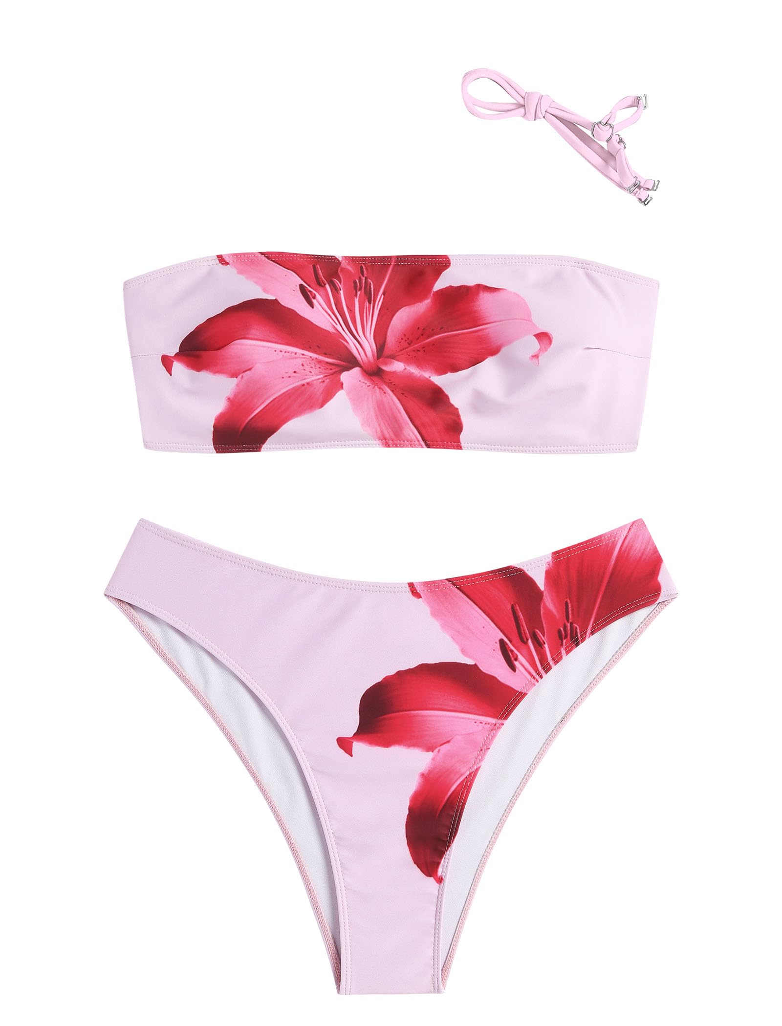 ZAFUL Women's High Cut Bandeau Bikini Set Strapless 2 Pieces Bathing Suit | Solid Color Swimsuit High-waisted Bikini Set